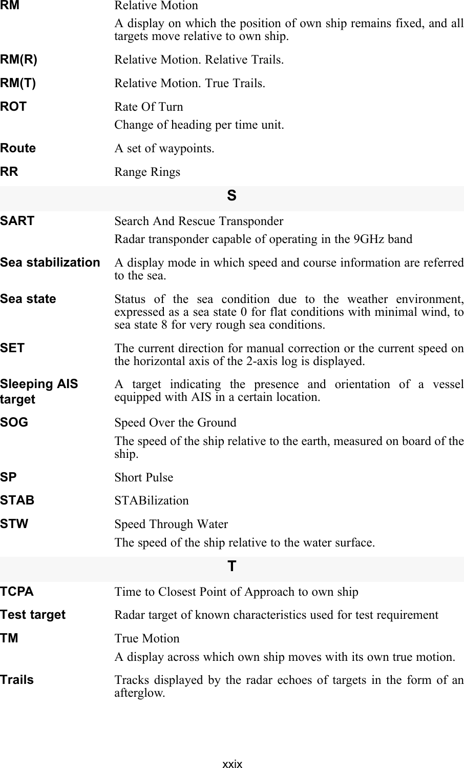 xxixRM Relative MotionA display on which the position of own ship remains fixed, and alltargets move relative to own ship.RM(R) Relative Motion. Relative Trails.RM(T) Relative Motion. True Trails.ROT Rate Of TurnChange of heading per time unit.Route A set of waypoints.RR Range RingsSSART Search And Rescue TransponderRadar transponder capable of operating in the 9GHz bandSea stabilization A display mode in which speed and course information are referredto the sea.Sea state Status of the sea condition due to the weather environment,expressed as a sea state 0 for flat conditions with minimal wind, tosea state 8 for very rough sea conditions.SET The current direction for manual correction or the current speed onthe horizontal axis of the 2-axis log is displayed.Sleeping AIS targetA target indicating the presence and orientation of a vesselequipped with AIS in a certain location.SOG Speed Over the GroundThe speed of the ship relative to the earth, measured on board of theship.SP Short PulseSTAB STABilizationSTW Speed Through WaterThe speed of the ship relative to the water surface.TTCPA Time to Closest Point of Approach to own shipTest target Radar target of known characteristics used for test requirementTM True MotionA display across which own ship moves with its own true motion.Trails Tracks displayed by the radar echoes of targets in the form of anafterglow.