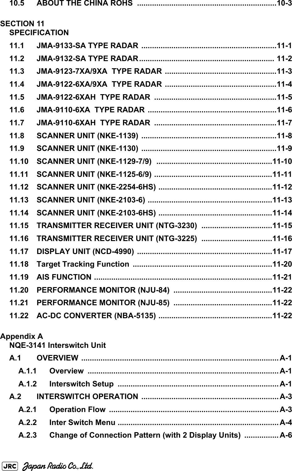 10.5 ABOUT THE CHINA ROHS  .................................................................10-3SECTION 11SPECIFICATION11.1 JMA-9133-SA TYPE RADAR ...............................................................11-111.2 JMA-9132-SA TYPE RADAR............................................................... 11-211.3 JMA-9123-7XA/9XA  TYPE RADAR ....................................................11-311.4 JMA-9122-6XA/9XA  TYPE RADAR ....................................................11-411.5 JMA-9122-6XAH  TYPE RADAR  .........................................................11-511.6 JMA-9110-6XA  TYPE RADAR ............................................................11-611.7 JMA-9110-6XAH  TYPE RADAR  .........................................................11-711.8 SCANNER UNIT (NKE-1139) ...............................................................11-811.9 SCANNER UNIT (NKE-1130) ...............................................................11-911.10 SCANNER UNIT (NKE-1129-7/9)  ......................................................11-1011.11 SCANNER UNIT (NKE-1125-6/9) .......................................................11-1111.12 SCANNER UNIT (NKE-2254-6HS) .....................................................11-1211.13 SCANNER UNIT (NKE-2103-6) ..........................................................11-1311.14 SCANNER UNIT (NKE-2103-6HS) .....................................................11-1411.15 TRANSMITTER RECEIVER UNIT (NTG-3230)  .................................11-1511.16 TRANSMITTER RECEIVER UNIT (NTG-3225)  .................................11-1611.17 DISPLAY UNIT (NCD-4990) ...............................................................11-1711.18 Target Tracking Function  .................................................................11-2011.19 AIS FUNCTION ...................................................................................11-2111.20 PERFORMANCE MONITOR (NJU-84) ..............................................11-2211.21 PERFORMANCE MONITOR (NJU-85) ..............................................11-2211.22 AC-DC CONVERTER (NBA-5135) .....................................................11-22Appendix ANQE-3141 Interswitch UnitA.1 OVERVIEW ............................................................................................ A-1A.1.1 Overview ......................................................................................... A-1A.1.2 Interswitch Setup  ........................................................................... A-1A.2 INTERSWITCH OPERATION ................................................................ A-3A.2.1 Operation Flow  ............................................................................... A-3A.2.2 Inter Switch Menu ........................................................................... A-4A.2.3 Change of Connection Pattern (with 2 Display Units) ................ A-6