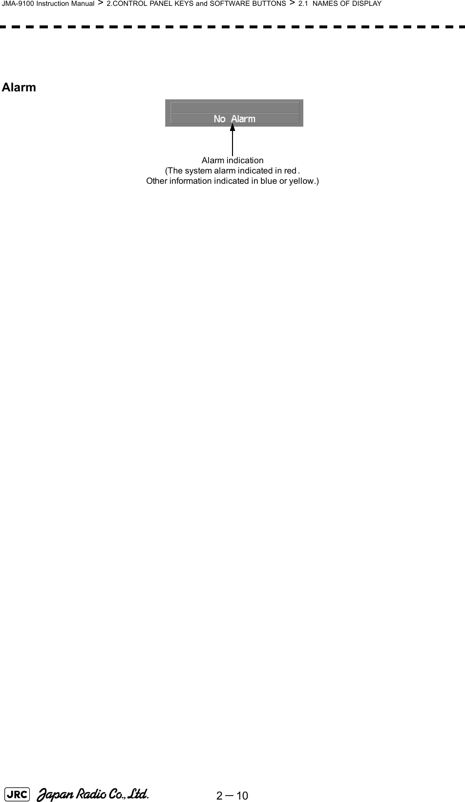 2－10JMA-9100 Instruction Manual &gt; 2.CONTROL PANEL KEYS and SOFTWARE BUTTONS &gt; 2.1  NAMES OF DISPLAYAlarmAlarm indication(The system alarm indicated in red.Other information indicated in blue or yellow.)