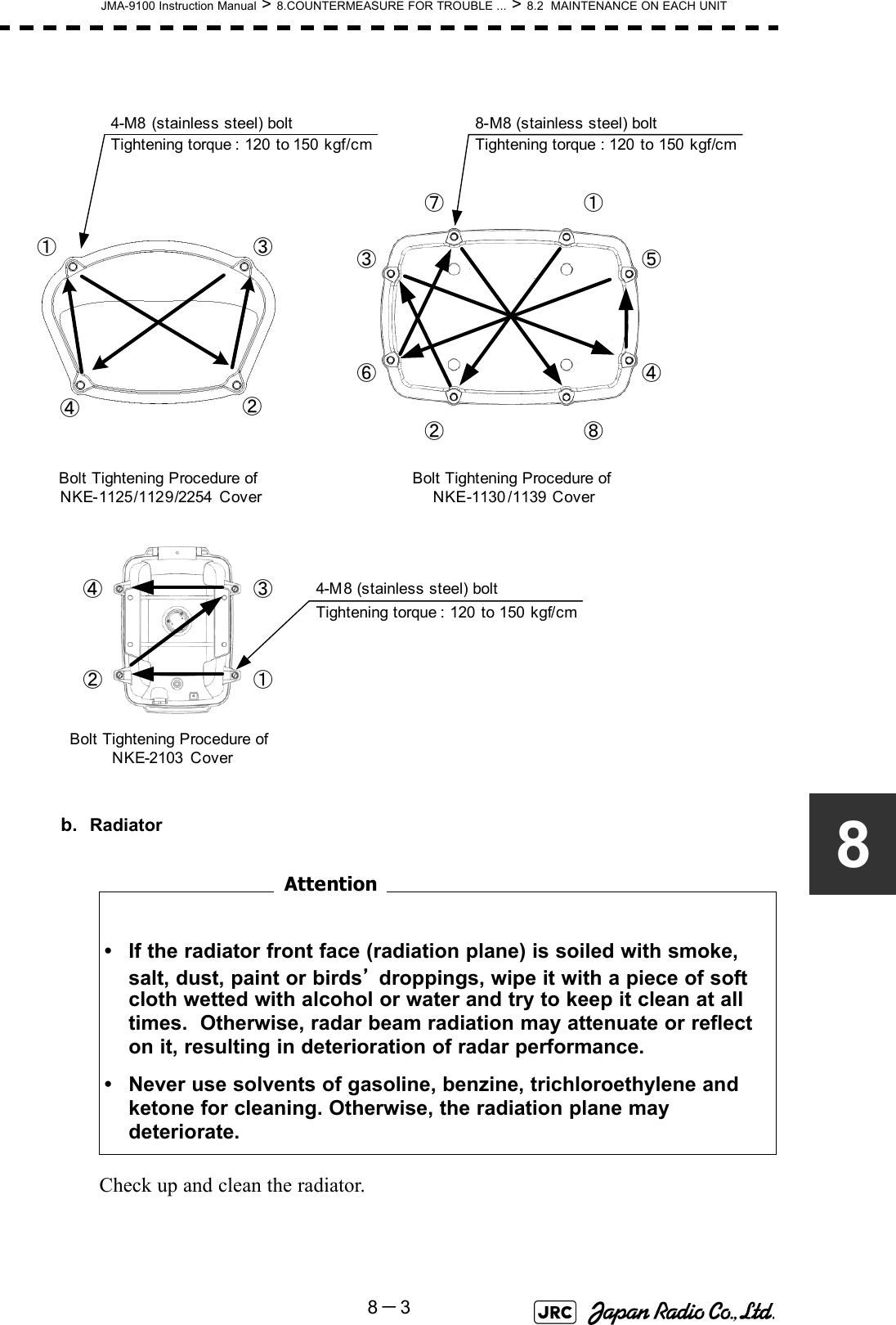 JMA-9100 Instruction Manual &gt; 8.COUNTERMEASURE FOR TROUBLE ... &gt; 8.2  MAINTENANCE ON EACH UNIT8－38b. Radiator　　　　　　　　Check up and clean the radiator.• If the radiator front face (radiation plane) is soiled with smoke, salt, dust, paint or birds’ droppings, wipe it with a piece of soft cloth wetted with alcohol or water and try to keep it clean at all times.  Otherwise, radar beam radiation may attenuate or reflect on it, resulting in deterioration of radar performance.• Never use solvents of gasoline, benzine, trichloroethylene and ketone for cleaning. Otherwise, the radiation plane may deteriorate.②①③④⑤⑥⑦⑧Tightening torque : 120 to 150 kgf/cm4-M8 (stainless steel) boltTightening torque : 120 to 150 kgf/cm8-M8 (stainless steel) bolt②①③④②①③④Bolt Tightening Procedure of NKE-1125/1129/2254 CoverBolt Tightening Procedure of NKE-1130 /1139 CoverBolt Tightening Procedure of NKE-2103 CoverTightening torque : 120 to 150 kgf/cm4-M8 (stainless steel) boltAttention