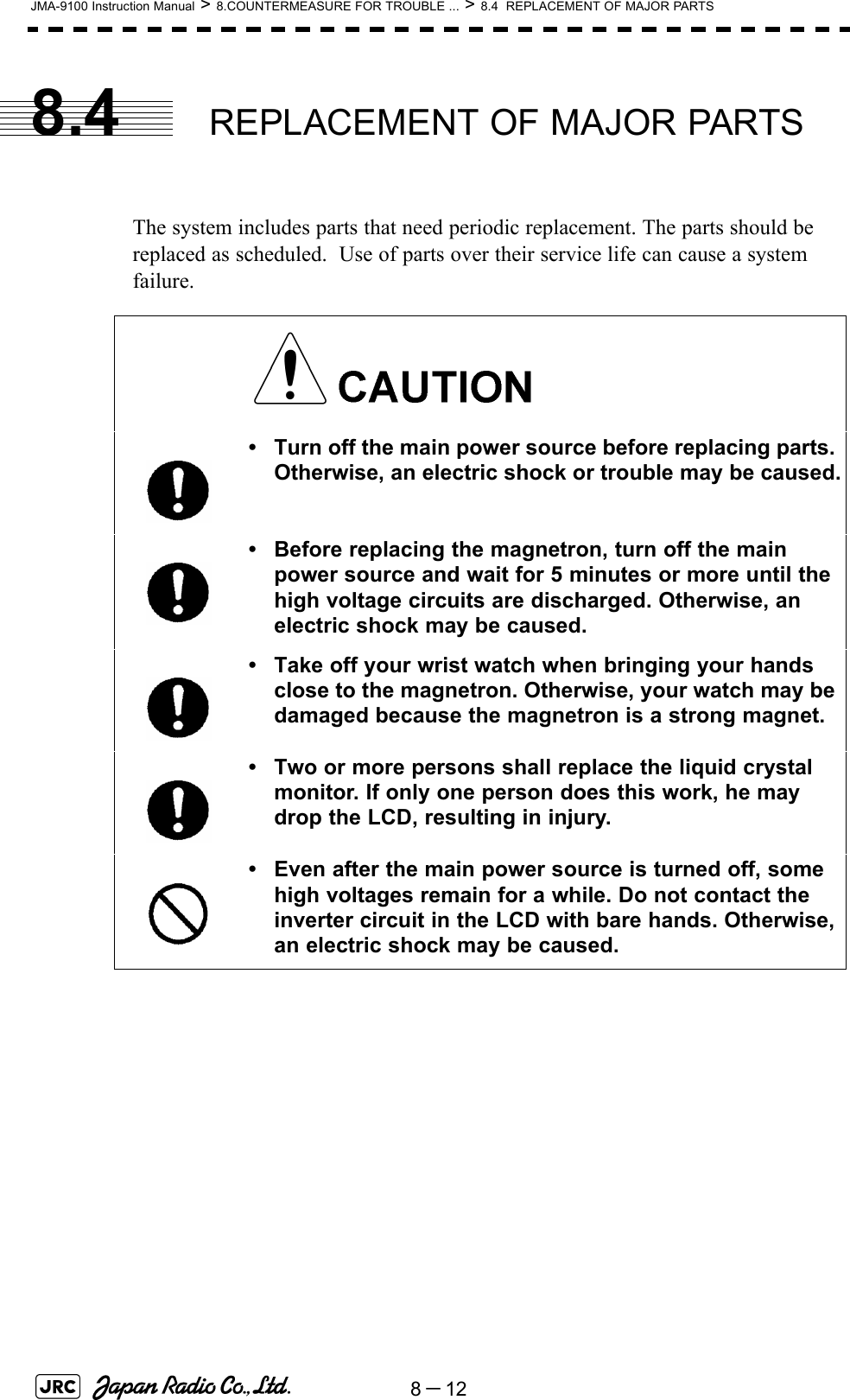 8－12JMA-9100 Instruction Manual &gt; 8.COUNTERMEASURE FOR TROUBLE ... &gt; 8.4  REPLACEMENT OF MAJOR PARTS8.4 REPLACEMENT OF MAJOR PARTSThe system includes parts that need periodic replacement. The parts should be replaced as scheduled.  Use of parts over their service life can cause a system failure. • Turn off the main power source before replacing parts. Otherwise, an electric shock or trouble may be caused.• Before replacing the magnetron, turn off the main power source and wait for 5 minutes or more until the high voltage circuits are discharged. Otherwise, an electric shock may be caused.• Take off your wrist watch when bringing your hands close to the magnetron. Otherwise, your watch may be damaged because the magnetron is a strong magnet.• Two or more persons shall replace the liquid crystal monitor. If only one person does this work, he may drop the LCD, resulting in injury.• Even after the main power source is turned off, some high voltages remain for a while. Do not contact the inverter circuit in the LCD with bare hands. Otherwise, an electric shock may be caused.