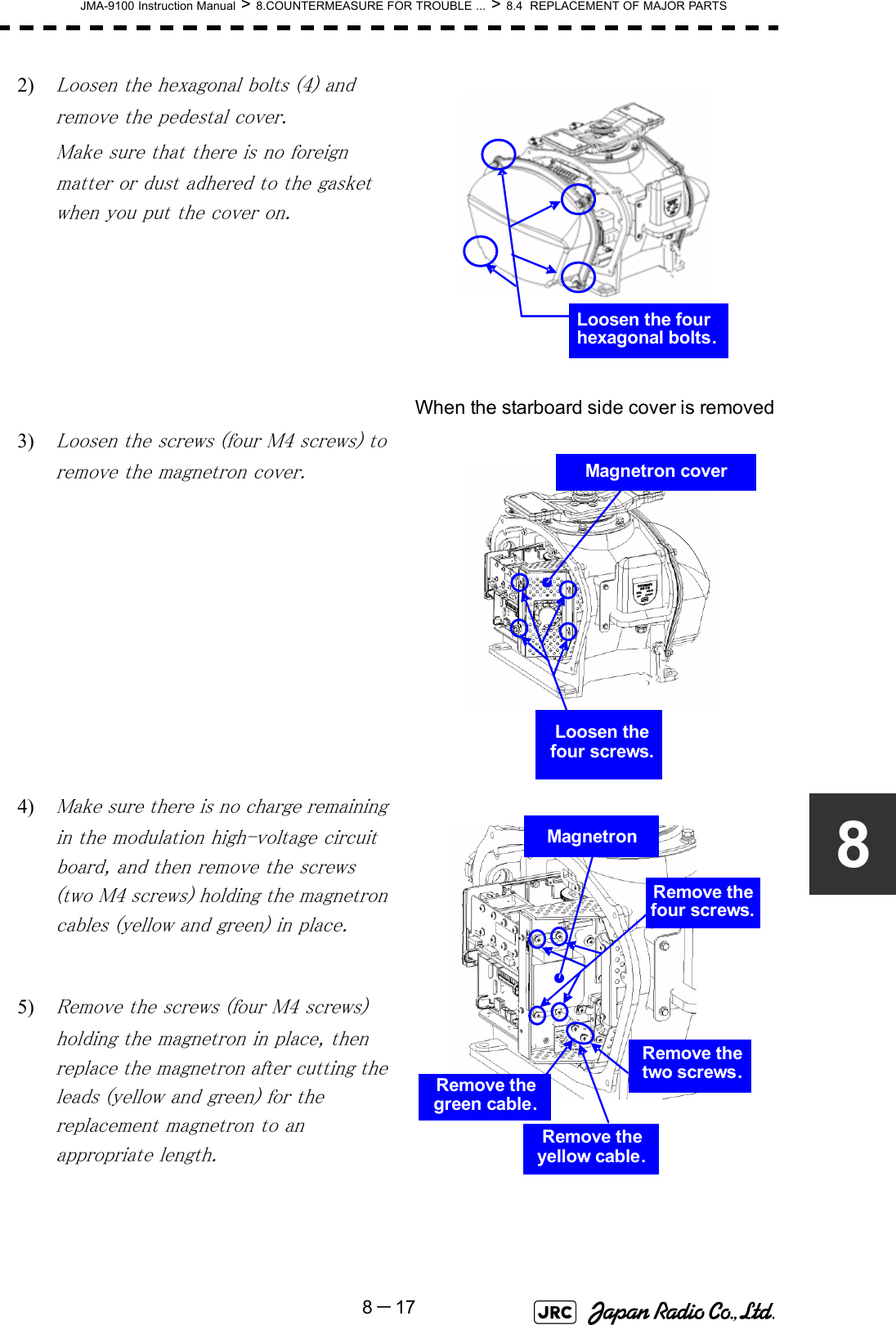 JMA-9100 Instruction Manual &gt; 8.COUNTERMEASURE FOR TROUBLE ... &gt; 8.4  REPLACEMENT OF MAJOR PARTS8－1782) Loosen the hexagonal bolts (4) and remove the pedestal cover.Make sure that there is no foreign matter or dust adhered to the gasket when you put the cover on.3) Loosen the screws (four M4 screws) to remove the magnetron cover. 4) Make sure there is no charge remaining in the modulation high-voltage circuit board, and then remove the screws (two M4 screws) holding the magnetron cables (yellow and green) in place.5) Remove the screws (four M4 screws) holding the magnetron in place, then replace the magnetron after cutting the leads (yellow and green) for the replacement magnetron to an appropriate length.When the starboard side cover is removed（4Loosen the four hexagonal bolts.Loosen the four screws.Magnetron coverRemove the green cable.Remove the yellow cable.MagnetronRemove the four screws.Remove the two screws.