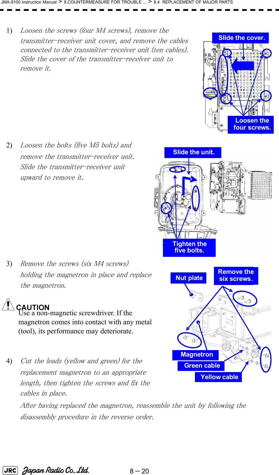 8－20JMA-9100 Instruction Manual &gt; 8.COUNTERMEASURE FOR TROUBLE ... &gt; 8.4  REPLACEMENT OF MAJOR PARTS1) Loosen the screws (four M4 screws), remove the transmitter-receiver unit cover, and remove the cables connected to the transmitter-receiver unit (ten cables). Slide the cover of the transmitter-receiver unit to remove it.2) Loosen the bolts (five M5 bolts) and remove the transmitter-receiver unit. Slide the transmitter-receiver unit upward to remove it.3) Remove the screws (six M4 screws) holding the magnetron in place and replace the magnetron.Use a non-magnetic screwdriver. If the magnetron comes into contact with any metal (tool), its performance may deteriorate.4) Cut the leads (yellow and green) for the replacement magnetron to an appropriate length, then tighten the screws and fix the cables in place.After having replaced the magnetron, reassemble the unit by following the disassembly procedure in the reverse order.Loosen the four screws.Slide the cover.Tighten the five bolts.Slide the unit. MagnetronNut plate Remove the six screws.Yellow cableGreen cable