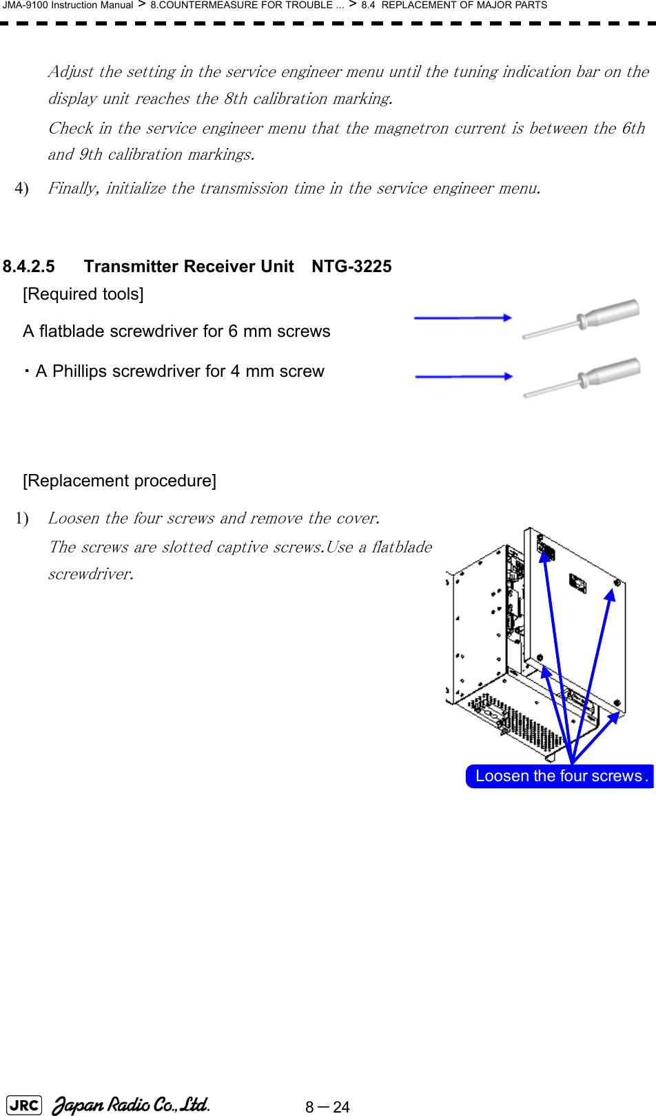 8－24JMA-9100 Instruction Manual &gt; 8.COUNTERMEASURE FOR TROUBLE ... &gt; 8.4  REPLACEMENT OF MAJOR PARTSAdjust the setting in the service engineer menu until the tuning indication bar on the display unit reaches the 8th calibration marking. Check in the service engineer menu that the magnetron current is between the 6th and 9th calibration markings. 4) Finally, initialize the transmission time in the service engineer menu. 8.4.2.5 Transmitter Receiver Unit　NTG-3225[Required tools]A flatblade screwdriver for 6 mm screws・A Phillips screwdriver for 4 mm screw[Replacement procedure]1) Loosen the four screws and remove the cover.The screws are slotted captive screws.Use a flatblade screwdriver.Loosen the four screws .