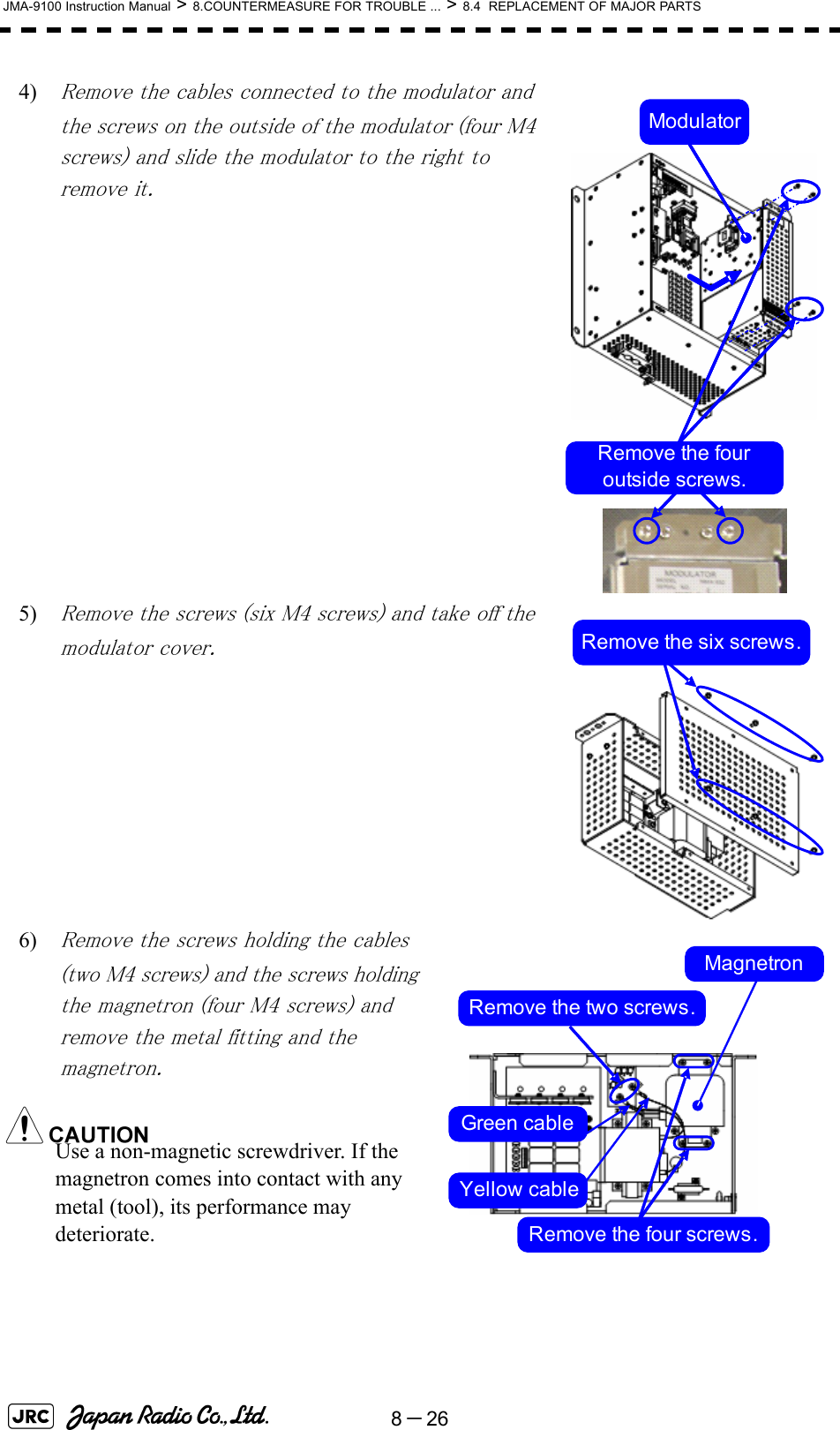 8－26JMA-9100 Instruction Manual &gt; 8.COUNTERMEASURE FOR TROUBLE ... &gt; 8.4  REPLACEMENT OF MAJOR PARTS4) Remove the cables connected to the modulator and the screws on the outside of the modulator (four M4 screws) and slide the modulator to the right to remove it.5) Remove the screws (six M4 screws) and take off the modulator cover.6) Remove the screws holding the cables (two M4 screws) and the screws holding the magnetron (four M4 screws) and remove the metal fitting and the magnetron.Use a non-magnetic screwdriver. If the magnetron comes into contact with any metal (tool), its performance may deteriorate.Remove the four outside screws.ModulatorRemove the six screws.Remove the four screws.MagnetronRemove the two screws.Green cableYellow cable