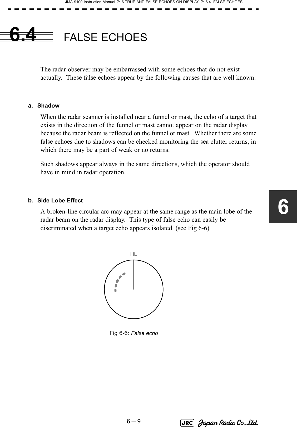 JMA-9100 Instruction Manual &gt; 6.TRUE AND FALSE ECHOES ON DISPLAY &gt; 6.4  FALSE ECHOES6－966.4 FALSE ECHOESThe radar observer may be embarrassed with some echoes that do not exist actually.  These false echoes appear by the following causes that are well known:a. ShadowWhen the radar scanner is installed near a funnel or mast, the echo of a target that exists in the direction of the funnel or mast cannot appear on the radar display because the radar beam is reflected on the funnel or mast.  Whether there are some false echoes due to shadows can be checked monitoring the sea clutter returns, in which there may be a part of weak or no returns.Such shadows appear always in the same directions, which the operator should have in mind in radar operation.b. Side Lobe EffectA broken-line circular arc may appear at the same range as the main lobe of the radar beam on the radar display.  This type of false echo can easily be discriminated when a target echo appears isolated. (see Fig 6-6) Fig 6-6: False echo HL