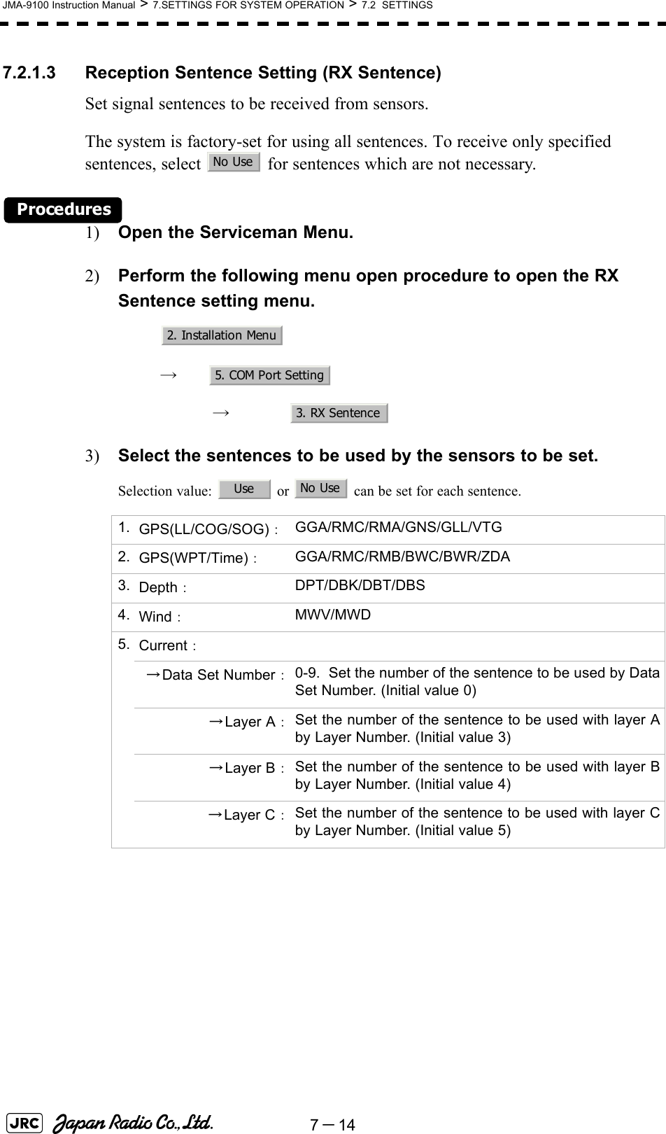 7－14JMA-9100 Instruction Manual &gt; 7.SETTINGS FOR SYSTEM OPERATION &gt; 7.2  SETTINGS7.2.1.3 Reception Sentence Setting (RX Sentence)Set signal sentences to be received from sensors.The system is factory-set for using all sentences. To receive only specified sentences, select   for sentences which are not necessary.Procedures1) Open the Serviceman Menu.2) Perform the following menu open procedure to open the RX Sentence setting menu.　　 →　　　 →　3) Select the sentences to be used by the sensors to be set.Selection value:   or   can be set for each sentence.1. GPS(LL/COG/SOG)：GGA/RMC/RMA/GNS/GLL/VTG2. GPS(WPT/Time)：GGA/RMC/RMB/BWC/BWR/ZDA3. Depth：DPT/DBK/DBT/DBS4. Wind：MWV/MWD5. Current：→Data Set Number：0-9.  Set the number of the sentence to be used by DataSet Number. (Initial value 0)→Layer A：Set the number of the sentence to be used with layer Aby Layer Number. (Initial value 3)→Layer B：Set the number of the sentence to be used with layer Bby Layer Number. (Initial value 4)→Layer C：Set the number of the sentence to be used with layer Cby Layer Number. (Initial value 5)No Use2. Installation Menu5. COM Port Setting3. RX SentenceUseNo Use