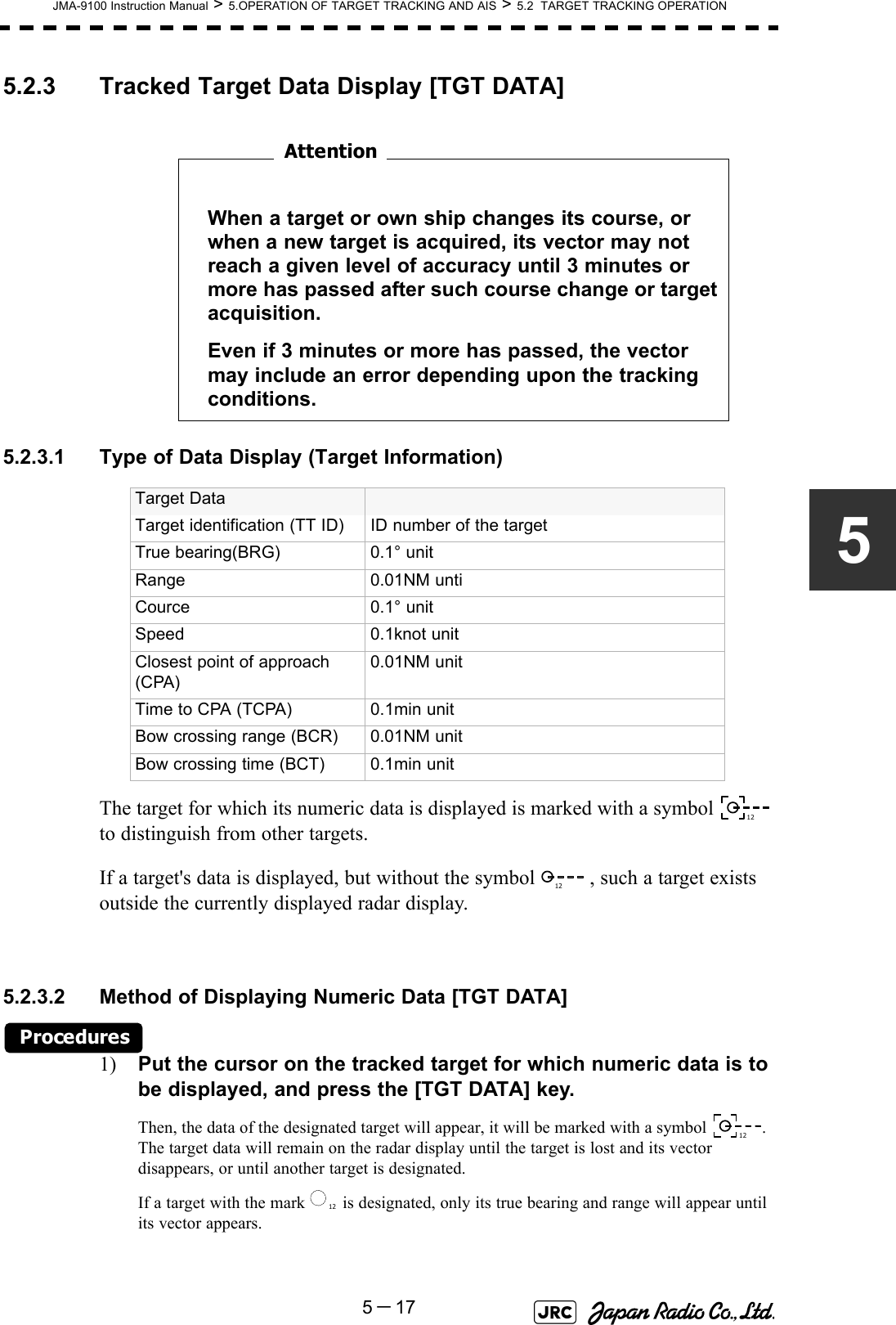 JMA-9100 Instruction Manual &gt; 5.OPERATION OF TARGET TRACKING AND AIS &gt; 5.2  TARGET TRACKING OPERATION5－1755.2.3 Tracked Target Data Display [TGT DATA] 　　　　　　　　5.2.3.1 Type of Data Display (Target Information)The target for which its numeric data is displayed is marked with a symbol   to distinguish from other targets.If a target&apos;s data is displayed, but without the symbol   , such a target exists outside the currently displayed radar display.5.2.3.2 Method of Displaying Numeric Data [TGT DATA] Procedures1) Put the cursor on the tracked target for which numeric data is to be displayed, and press the [TGT DATA] key.Then, the data of the designated target will appear, it will be marked with a symbol  .  The target data will remain on the radar display until the target is lost and its vector disappears, or until another target is designated.If a target with the mark   is designated, only its true bearing and range will appear until its vector appears. When a target or own ship changes its course, or when a new target is acquired, its vector may not reach a given level of accuracy until 3 minutes or more has passed after such course change or target acquisition.Even if 3 minutes or more has passed, the vector may include an error depending upon the tracking conditions.Target DataTarget identification (TT ID) ID number of the targetTrue bearing(BRG) 0.1° unitRange 0.01NM untiCource 0.1° unitSpeed 0.1knot unitClosest point of approach (CPA)0.01NM unitTime to CPA (TCPA) 0.1min unitBow crossing range (BCR) 0.01NM unitBow crossing time (BCT) 0.1min unitAttention12121212