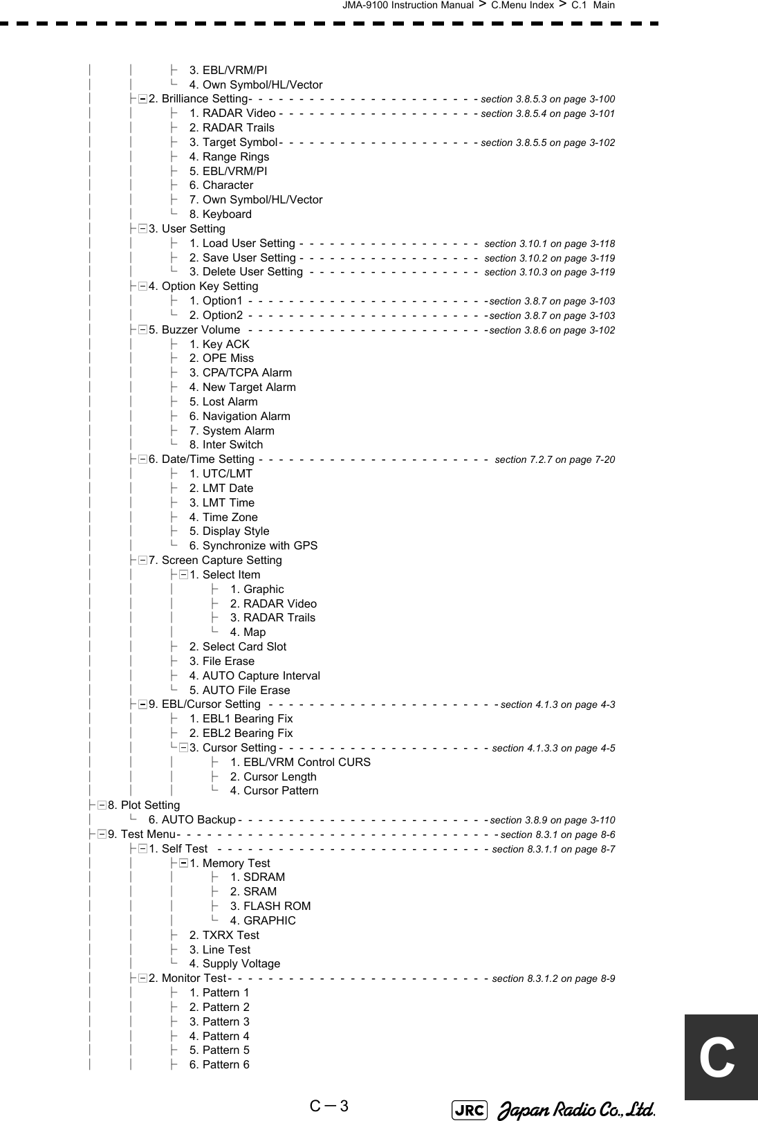 JMA-9100 Instruction Manual &gt; C.Menu Index &gt; C.1  MainC－3C││├3. EBL/VRM/PI││└4. Own Symbol/HL/Vector│├2. Brilliance Setting-  -  -  -  -  -  -  -  -  -  -  -  -  -  -  -  -  -  -  -  -  -  - section 3.8.5.3 on page 3-100││├1. RADAR Video -  -  -  -  -  -  -  -  -  -  -  -  -  -  -  -  -  -  -  - section 3.8.5.4 on page 3-101││├2. RADAR Trails││├3. Target Symbol -  -  -  -  -  -  -  -  -  -  -  -  -  -  -  -  -  -  -  - section 3.8.5.5 on page 3-102││├4. Range Rings││├5. EBL/VRM/PI││├6. Character││├7. Own Symbol/HL/Vector││└8. Keyboard│├3. User Setting││├1. Load User Setting -  -  -  -  -  -  -  -  -  -  -  -  -  -  -  -  -  -  section 3.10.1 on page 3-118││├2. Save User Setting -  -  -  -  -  -  -  -  -  -  -  -  -  -  -  -  -  -  section 3.10.2 on page 3-119││└3. Delete User Setting  -  -  -  -  -  -  -  -  -  -  -  -  -  -  -  -  -  section 3.10.3 on page 3-119│├4. Option Key Setting││├1. Option1  -  -  -  -  -  -  -  -  -  -  -  -  -  -  -  -  -  -  -  -  -  -  -  -section 3.8.7 on page 3-103││└2. Option2  -  -  -  -  -  -  -  -  -  -  -  -  -  -  -  -  -  -  -  -  -  -  -  -section 3.8.7 on page 3-103│├5. Buzzer Volume   -  -  -  -  -  -  -  -  -  -  -  -  -  -  -  -  -  -  -  -  -  -  -  -section 3.8.6 on page 3-102││├1. Key ACK││├2. OPE Miss││├3. CPA/TCPA Alarm││├4. New Target Alarm││├5. Lost Alarm││├6. Navigation Alarm││├7. System Alarm││└8. Inter Switch│├6. Date/Time Setting  -  -  -  -  -  -  -  -  -  -  -  -  -  -  -  -  -  -  -  -  -  -  -  section 7.2.7 on page 7-20││├1. UTC/LMT││├2. LMT Date││├3. LMT Time││├4. Time Zone││├5. Display Style││└6. Synchronize with GPS│├7. Screen Capture Setting││├1. Select Item│││├1. Graphic│││├2. RADAR Video│││├3. RADAR Trails│││└4. Map││├2. Select Card Slot││├3. File Erase││├4. AUTO Capture Interval││└5. AUTO File Erase│├9. EBL/Cursor Setting   -  -  -  -  -  -  -  -  -  -  -  -  -  -  -  -  -  -  -  -  -  -  - section 4.1.3 on page 4-3││├1. EBL1 Bearing Fix││├2. EBL2 Bearing Fix││└3. Cursor Setting -  -  -  -  -  -  -  -  -  -  -  -  -  -  -  -  -  -  -  -  - section 4.1.3.3 on page 4-5│││├1. EBL/VRM Control CURS│││├2. Cursor Length│││└4. Cursor Pattern├8. Plot Setting│└6. AUTO Backup -  -  -  -  -  -  -  -  -  -  -  -  -  -  -  -  -  -  -  -  -  -  -  -  - section 3.8.9 on page 3-110├9. Test Menu-  -  -  -  -  -  -  -  -  -  -  -  -  -  -  -  -  -  -  -  -  -  -  -  -  -  -  -  -  -  -  - section 8.3.1 on page 8-6│├1. Self Test   -  -  -  -  -  -  -  -  -  -  -  -  -  -  -  -  -  -  -  -  -  -  -  -  -  -  - section 8.3.1.1 on page 8-7││├1. Memory Test│││├1. SDRAM│││├2. SRAM│││├3. FLASH ROM│││└4. GRAPHIC││├2. TXRX Test││├3. Line Test││└4. Supply Voltage│├2. Monitor Test -  -  -  -  -  -  -  -  -  -  -  -  -  -  -  -  -  -  -  -  -  -  -  -  -  - section 8.3.1.2 on page 8-9││├1. Pattern 1││├2. Pattern 2││├3. Pattern 3││├4. Pattern 4││├5. Pattern 5││├6. Pattern 6