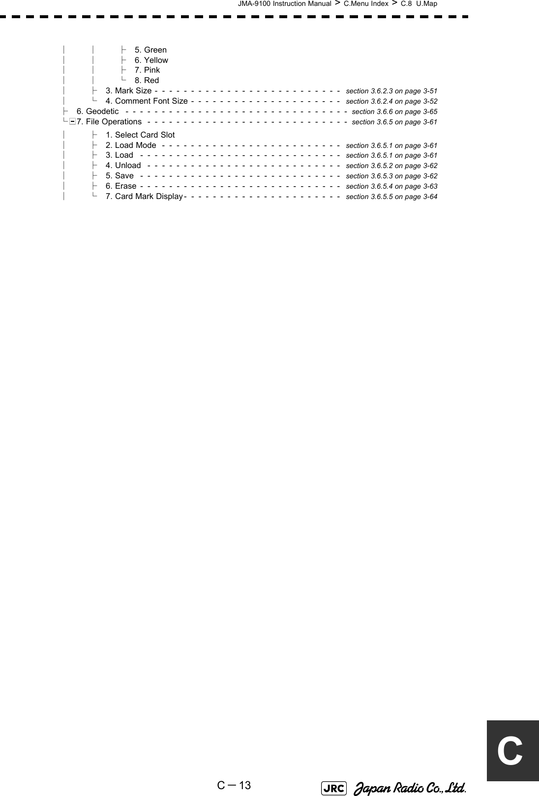 JMA-9100 Instruction Manual &gt; C.Menu Index &gt; C.8  U.MapC－13C││├5. Green││├6. Yellow││├7. Pink││└8. Red│├3. Mark Size  -  -  -  -  -  -  -  -  -  -  -  -  -  -  -  -  -  -  -  -  -  -  -  -  -  -   section 3.6.2.3 on page 3-51│└4. Comment Font Size  -  -  -  -  -  -  -  -  -  -  -  -  -  -  -  -  -  -  -  -  -   section 3.6.2.4 on page 3-52├6. Geodetic   -  -  -  -  -  -  -  -  -  -  -  -  -  -  -  -  -  -  -  -  -  -  -  -  -  -  -  -  -  -  -  section 3.6.6 on page 3-65└7. File Operations   -  -  -  -  -  -  -  -  -  -  -  -  -  -  -  -  -  -  -  -  -  -  -  -  -  -  -  -  section 3.6.5 on page 3-61│├1. Select Card Slot│├2. Load Mode   -  -  -  -  -  -  -  -  -  -  -  -  -  -  -  -  -  -  -  -  -  -  -  -  -   section 3.6.5.1 on page 3-61│├3. Load   -  -  -  -  -  -  -  -  -  -  -  -  -  -  -  -  -  -  -  -  -  -  -  -  -  -  -  -   section 3.6.5.1 on page 3-61│├4. Unload   -  -  -  -  -  -  -  -  -  -  -  -  -  -  -  -  -  -  -  -  -  -  -  -  -  -  -   section 3.6.5.2 on page 3-62│├5. Save   -  -  -  -  -  -  -  -  -  -  -  -  -  -  -  -  -  -  -  -  -  -  -  -  -  -  -  -   section 3.6.5.3 on page 3-62│├6. Erase  -  -  -  -  -  -  -  -  -  -  -  -  -  -  -  -  -  -  -  -  -  -  -  -  -  -  -  -   section 3.6.5.4 on page 3-63│└7. Card Mark Display -  -  -  -  -  -  -  -  -  -  -  -  -  -  -  -  -  -  -  -  -  -   section 3.6.5.5 on page 3-64