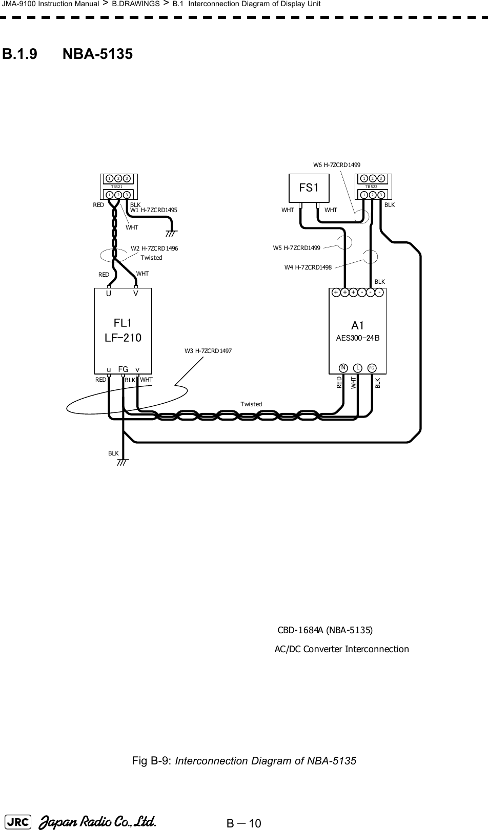 B－10JMA-9100 Instruction Manual &gt; B.DRAWINGS &gt; B.1  Interconnection Diagram of Display UnitB.1.9 NBA-5135Fig B-9: Interconnection Diagram of NBA-5135AC/DC Converter InterconnectionCBD-1684A (NBA-5135)FL1LF-210FS11 2 31 2 3TB521123123TB 522A1AES300-24BUVW1 H-7 ZCRD1495W2 H-7ZCRD 1496BLKWHTREDTwisteduvFGRED WHTN LFG+ + + - - -RED WHTBLKBLKBLKBLKWHTWHTBLKWHTREDW6 H-7ZCRD 1499W5 H-7 ZCRD1499W4 H-7 ZCRD1498W3 H-7ZCRD 1497Twisted