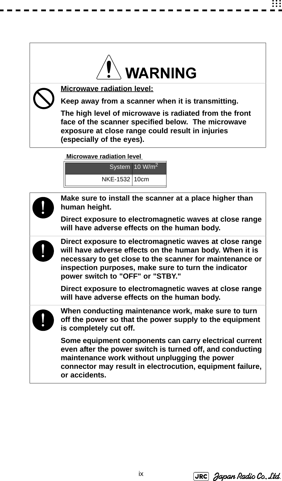 ixMicrowave radiation level:Keep away from a scanner when it is transmitting. The high level of microwave is radiated from the front face of the scanner specified below.  The microwave exposure at close range could result in injuries (especially of the eyes). Microwave radiation level System 10 W/m2 NKE-1532 10cm !Make sure to install the scanner at a place higher than human height.Direct exposure to electromagnetic waves at close range will have adverse effects on the human body.!Direct exposure to electromagnetic waves at close range will have adverse effects on the human body. When it is necessary to get close to the scanner for maintenance or inspection purposes, make sure to turn the indicator power switch to &quot;OFF&quot; or &quot;STBY.&quot;Direct exposure to electromagnetic waves at close range will have adverse effects on the human body.!When conducting maintenance work, make sure to turn off the power so that the power supply to the equipment is completely cut off.Some equipment components can carry electrical current even after the power switch is turned off, and conducting maintenance work without unplugging the power connector may result in electrocution, equipment failure, or accidents.