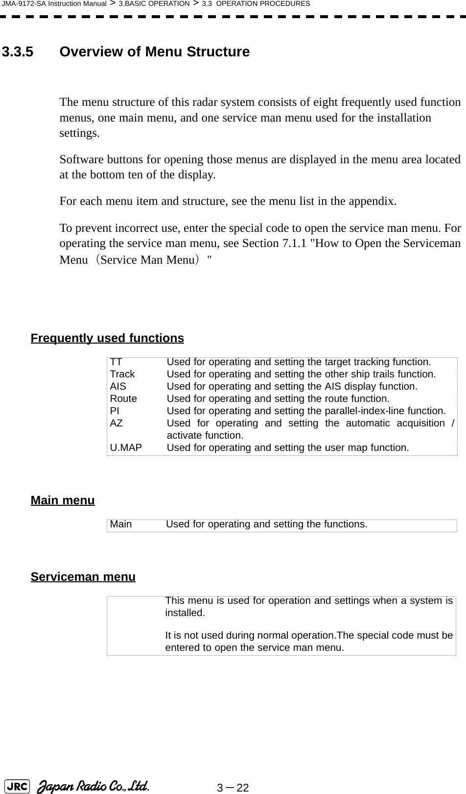 3－22JMA-9172-SA Instruction Manual &gt; 3.BASIC OPERATION &gt; 3.3  OPERATION PROCEDURES3.3.5 Overview of Menu StructureThe menu structure of this radar system consists of eight frequently used function menus, one main menu, and one service man menu used for the installation settings.Software buttons for opening those menus are displayed in the menu area located at the bottom ten of the display.For each menu item and structure, see the menu list in the appendix.To prevent incorrect use, enter the special code to open the service man menu. For operating the service man menu, see Section 7.1.1 &quot;How to Open the Serviceman Menu（Service Man Menu）&quot;Frequently used functionsMain menuServiceman menu TT Used for operating and setting the target tracking function.Track Used for operating and setting the other ship trails function.AIS Used for operating and setting the AIS display function.Route Used for operating and setting the route function.PI Used for operating and setting the parallel-index-line function.AZ Used for operating and setting the automatic acquisition /activate function.U.MAP Used for operating and setting the user map function.Main Used for operating and setting the functions.This menu is used for operation and settings when a system isinstalled.It is not used during normal operation.The special code must beentered to open the service man menu.