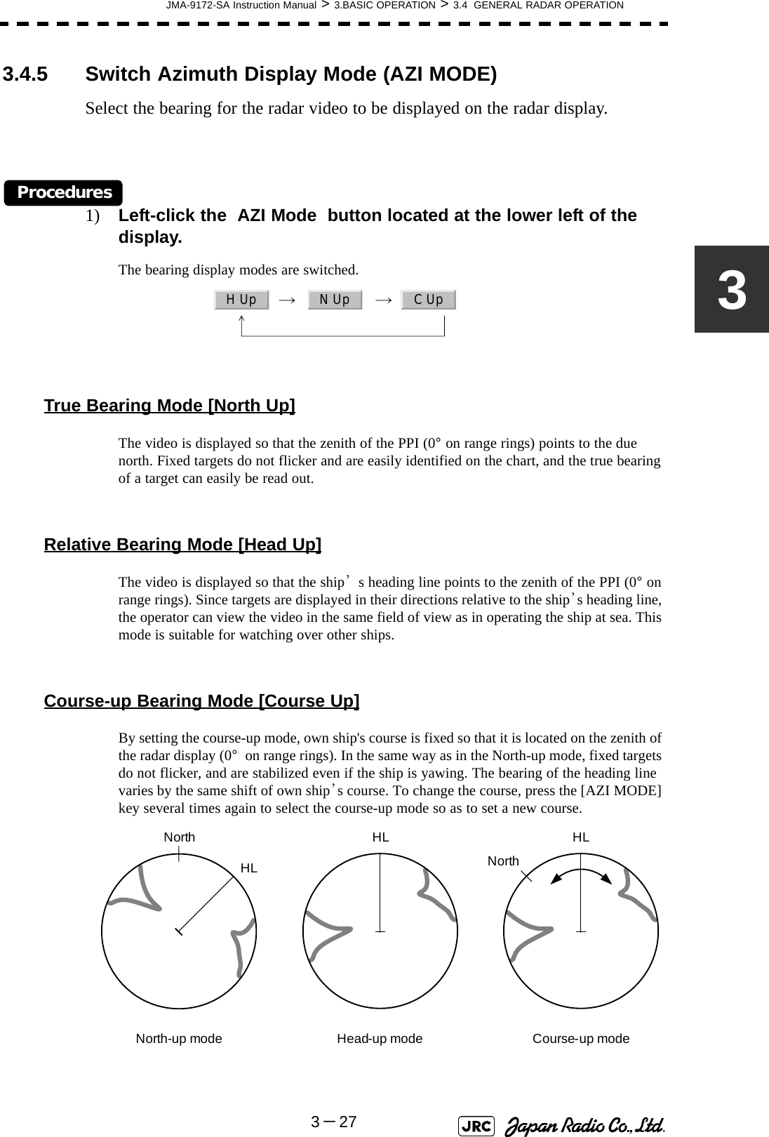 JMA-9172-SA Instruction Manual &gt; 3.BASIC OPERATION &gt; 3.4  GENERAL RADAR OPERATION3－2733.4.5 Switch Azimuth Display Mode (AZI MODE)Select the bearing for the radar video to be displayed on the radar display.Procedures1) Left-click the  AZI Mode  button located at the lower left of the display.The bearing display modes are switched.   →     →  True Bearing Mode [North Up]The video is displayed so that the zenith of the PPI (0° on range rings) points to the due north. Fixed targets do not flicker and are easily identified on the chart, and the true bearing of a target can easily be read out.Relative Bearing Mode [Head Up]The video is displayed so that the ship’s heading line points to the zenith of the PPI (0° on range rings). Since targets are displayed in their directions relative to the ship’s heading line, the operator can view the video in the same field of view as in operating the ship at sea. This mode is suitable for watching over other ships.Course-up Bearing Mode [Course Up]By setting the course-up mode, own ship&apos;s course is fixed so that it is located on the zenith of the radar display (0°  on range rings). In the same way as in the North-up mode, fixed targets do not flicker, and are stabilized even if the ship is yawing. The bearing of the heading line varies by the same shift of own ship’s course. To change the course, press the [AZI MODE] key several times again to select the course-up mode so as to set a new course.H Up N Up C UpHLNorth-up mode Head-up mode Course-up modeHLNorth HLNorth