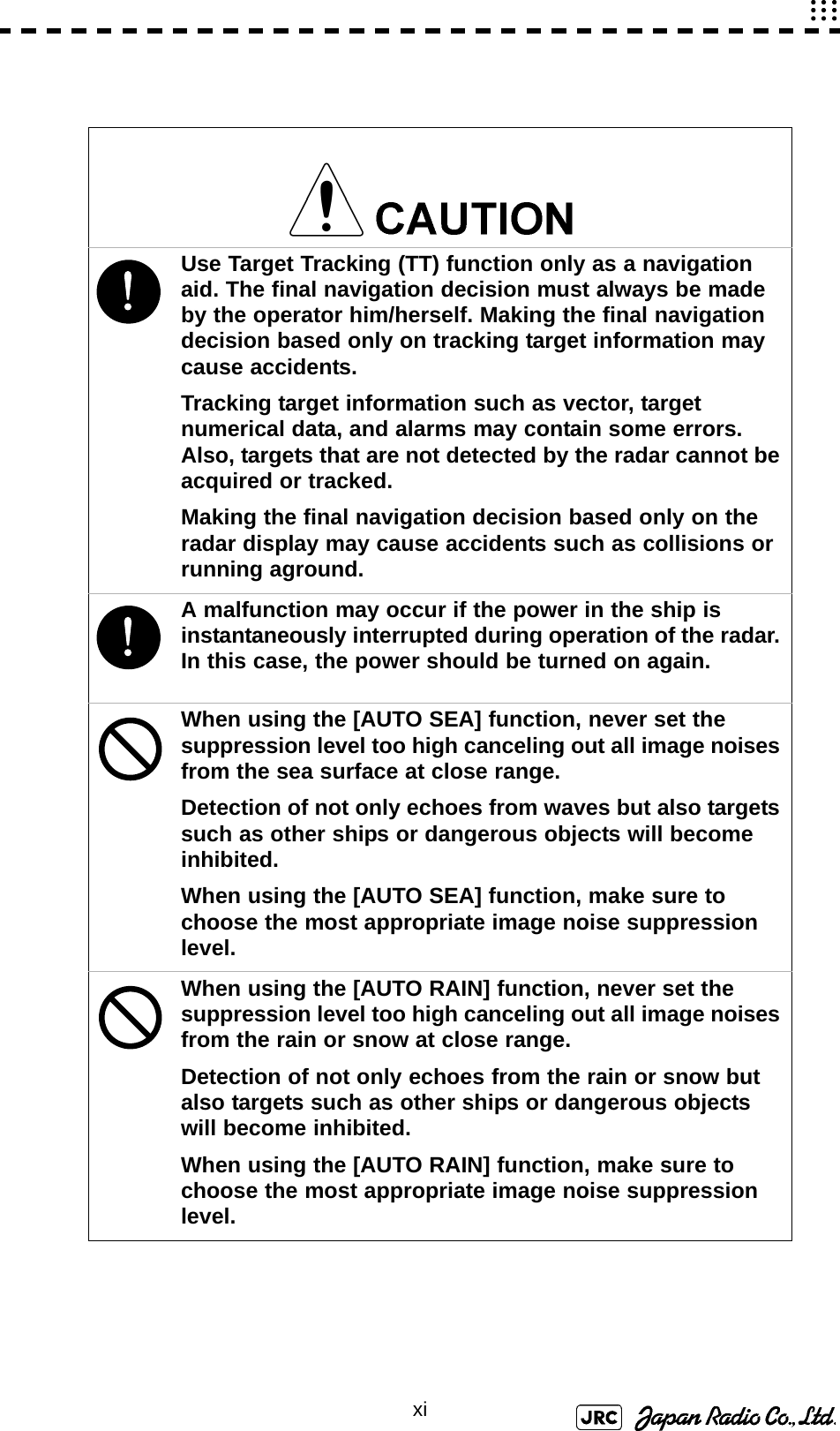 xi!Use Target Tracking (TT) function only as a navigation aid. The final navigation decision must always be made by the operator him/herself. Making the final navigation decision based only on tracking target information may cause accidents.Tracking target information such as vector, target numerical data, and alarms may contain some errors. Also, targets that are not detected by the radar cannot be acquired or tracked.Making the final navigation decision based only on the radar display may cause accidents such as collisions or running aground.!A malfunction may occur if the power in the ship is instantaneously interrupted during operation of the radar. In this case, the power should be turned on again.When using the [AUTO SEA] function, never set the suppression level too high canceling out all image noises from the sea surface at close range.Detection of not only echoes from waves but also targets such as other ships or dangerous objects will become inhibited.When using the [AUTO SEA] function, make sure to choose the most appropriate image noise suppression level.When using the [AUTO RAIN] function, never set the suppression level too high canceling out all image noises from the rain or snow at close range.Detection of not only echoes from the rain or snow but also targets such as other ships or dangerous objects will become inhibited.When using the [AUTO RAIN] function, make sure to choose the most appropriate image noise suppression level.