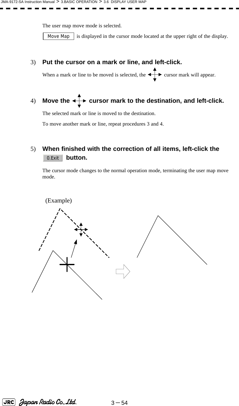 3－54JMA-9172-SA Instruction Manual &gt; 3.BASIC OPERATION &gt; 3.6  DISPLAY USER MAPThe user map move mode is selected. is displayed in the cursor mode located at the upper right of the display.3) Put the cursor on a mark or line, and left-click.When a mark or line to be moved is selected, the   cursor mark will appear.4) Move the   cursor mark to the destination, and left-click.The selected mark or line is moved to the destination.To move another mark or line, repeat procedures 3 and 4.5) When finished with the correction of all items, left-click the   button.The cursor mode changes to the normal operation mode, terminating the user map move mode.(Example) Move Map0.Exit