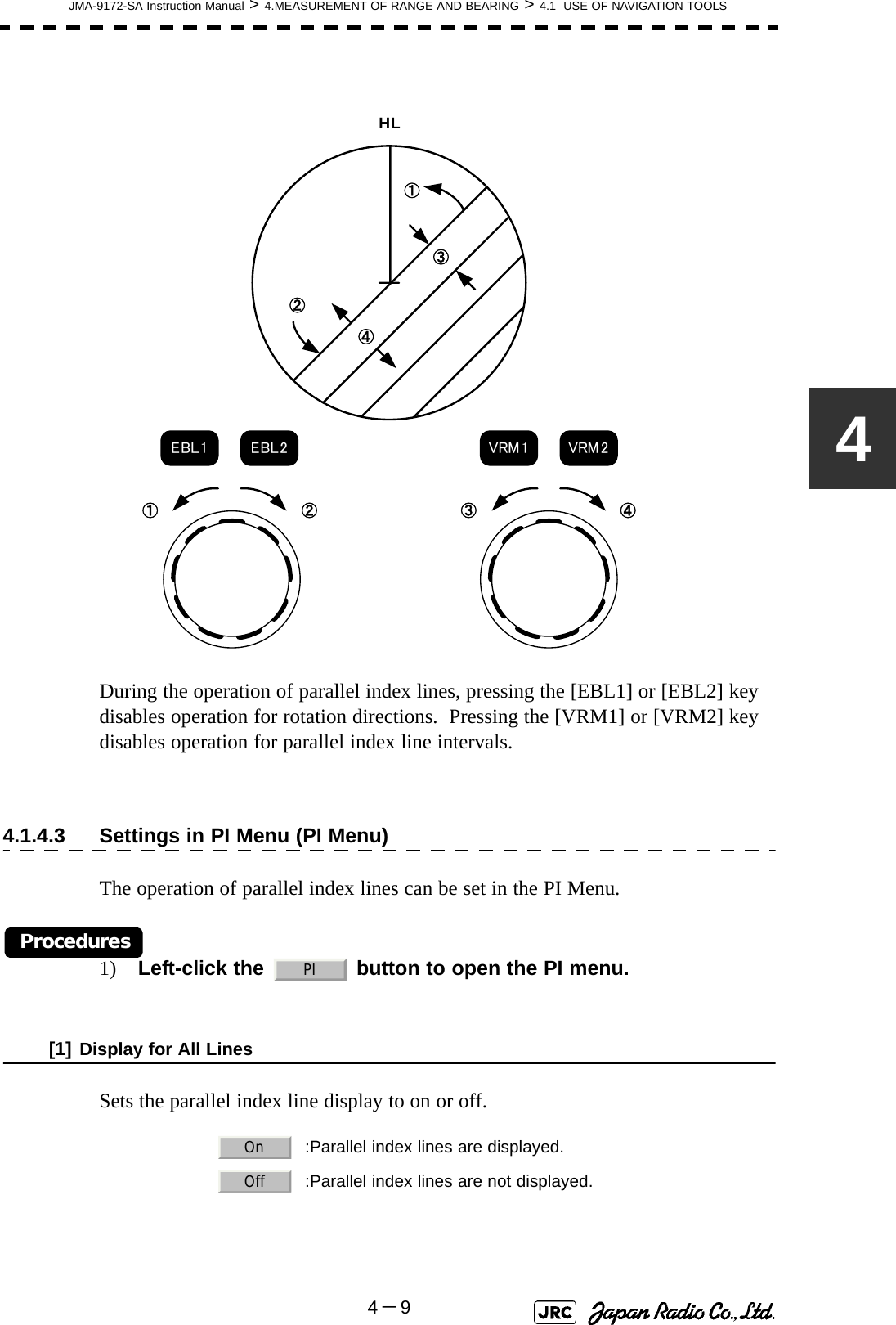 JMA-9172-SA Instruction Manual &gt; 4.MEASUREMENT OF RANGE AND BEARING &gt; 4.1  USE OF NAVIGATION TOOLS4－94During the operation of parallel index lines, pressing the [EBL1] or [EBL2] key disables operation for rotation directions.  Pressing the [VRM1] or [VRM2] key disables operation for parallel index line intervals.4.1.4.3 Settings in PI Menu (PI Menu)The operation of parallel index lines can be set in the PI Menu.Procedures1) Left-click the   button to open the PI menu. [1] Display for All LinesSets the parallel index line display to on or off.  :Parallel index lines are displayed.  :Parallel index lines are not displayed.HL②①③④②①④③EBL1 EBL2 VRM 1 VRM2PIOnOff