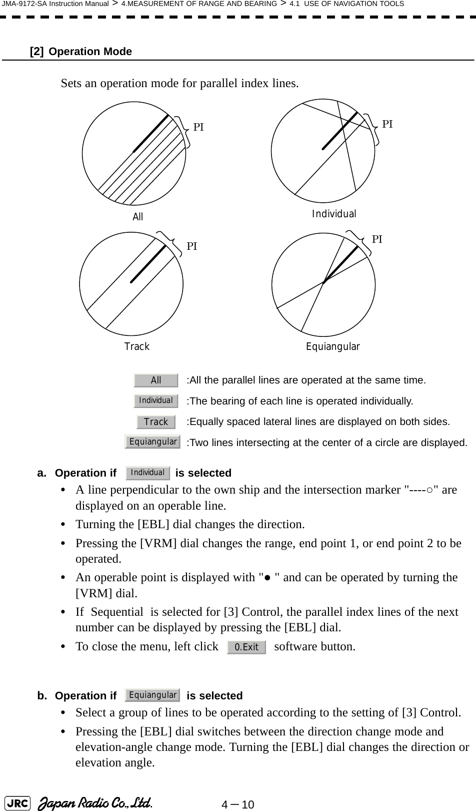 4－10JMA-9172-SA Instruction Manual &gt; 4.MEASUREMENT OF RANGE AND BEARING &gt; 4.1  USE OF NAVIGATION TOOLS[2] Operation ModeSets an operation mode for parallel index lines.a. Operation if    is selected•A line perpendicular to the own ship and the intersection marker &quot;----○&quot; are displayed on an operable line.•Turning the [EBL] dial changes the direction.•Pressing the [VRM] dial changes the range, end point 1, or end point 2 to be operated.•An operable point is displayed with &quot;● &quot; and can be operated by turning the [VRM] dial.•If  Sequential  is selected for [3] Control, the parallel index lines of the next number can be displayed by pressing the [EBL] dial.•To close the menu, left click   software button.b. Operation if     is selected•Select a group of lines to be operated according to the setting of [3] Control.•Pressing the [EBL] dial switches between the direction change mode and elevation-angle change mode. Turning the [EBL] dial changes the direction or elevation angle.  :All the parallel lines are operated at the same time.:The bearing of each line is operated individually.:Equally spaced lateral lines are displayed on both sides.  :Two lines intersecting at the center of a circle are displayed.AllPIIndividualPITrackPIEquiangularPIAllIndividualTrackEquiangularIndividual0.ExitEquiangular