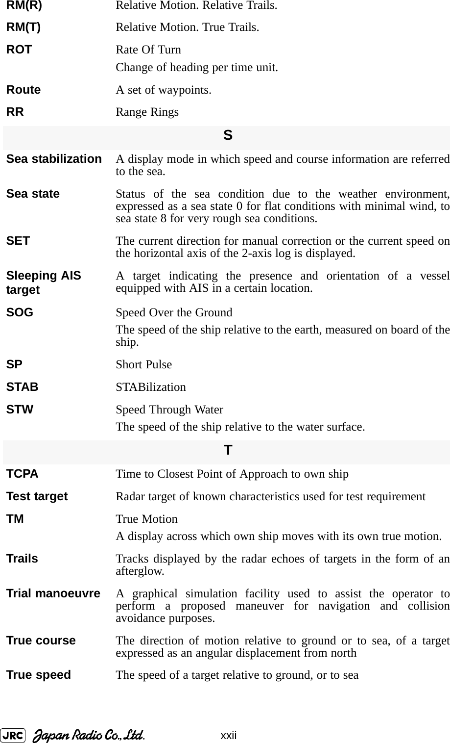 xxiiRM(R) Relative Motion. Relative Trails.RM(T) Relative Motion. True Trails.ROT Rate Of TurnChange of heading per time unit.Route A set of waypoints.RR Range RingsSSea stabilization A display mode in which speed and course information are referredto the sea.Sea state Status of the sea condition due to the weather environment,expressed as a sea state 0 for flat conditions with minimal wind, tosea state 8 for very rough sea conditions.SET The current direction for manual correction or the current speed onthe horizontal axis of the 2-axis log is displayed.Sleeping AIS target A target indicating the presence and orientation of a vesselequipped with AIS in a certain location.SOG Speed Over the GroundThe speed of the ship relative to the earth, measured on board of theship.SP Short PulseSTAB STABilizationSTW Speed Through WaterThe speed of the ship relative to the water surface.TTCPA Time to Closest Point of Approach to own shipTest target Radar target of known characteristics used for test requirementTM True MotionA display across which own ship moves with its own true motion.Trails Tracks displayed by the radar echoes of targets in the form of anafterglow.Trial manoeuvre A graphical simulation facility used to assist the operator toperform a proposed maneuver for navigation and collisionavoidance purposes.True course The direction of motion relative to ground or to sea, of a targetexpressed as an angular displacement from northTrue speed The speed of a target relative to ground, or to sea