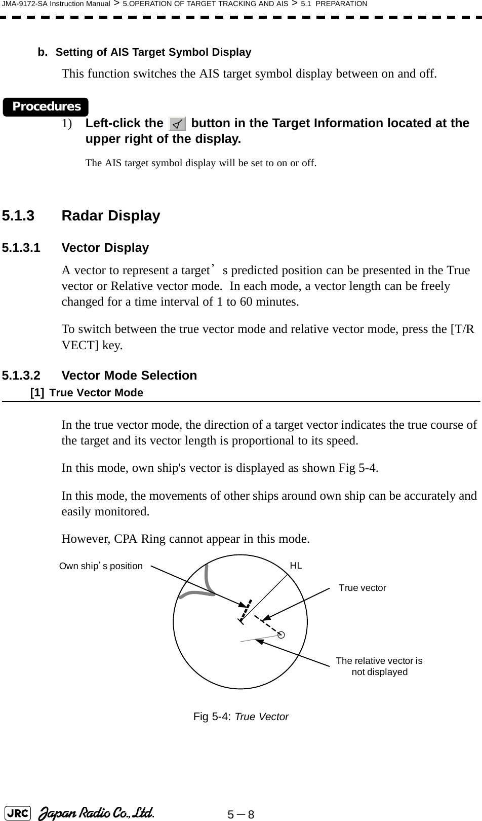 5－8JMA-9172-SA Instruction Manual &gt; 5.OPERATION OF TARGET TRACKING AND AIS &gt; 5.1  PREPARATIONb. Setting of AIS Target Symbol DisplayThis function switches the AIS target symbol display between on and off.Procedures1) Left-click the   button in the Target Information located at the upper right of the display.The AIS target symbol display will be set to on or off.5.1.3 Radar Display5.1.3.1 Vector DisplayA vector to represent a target’s predicted position can be presented in the True vector or Relative vector mode.  In each mode, a vector length can be freely changed for a time interval of 1 to 60 minutes.To switch between the true vector mode and relative vector mode, press the [T/R VECT] key.5.1.3.2 Vector Mode Selection[1] True Vector ModeIn the true vector mode, the direction of a target vector indicates the true course of the target and its vector length is proportional to its speed.In this mode, own ship&apos;s vector is displayed as shown Fig 5-4.In this mode, the movements of other ships around own ship can be accurately and easily monitored.However, CPA Ring cannot appear in this mode.Fig 5-4: True Vector  The relative vector isnot displayedTrue vectorOwn ship’s position HL