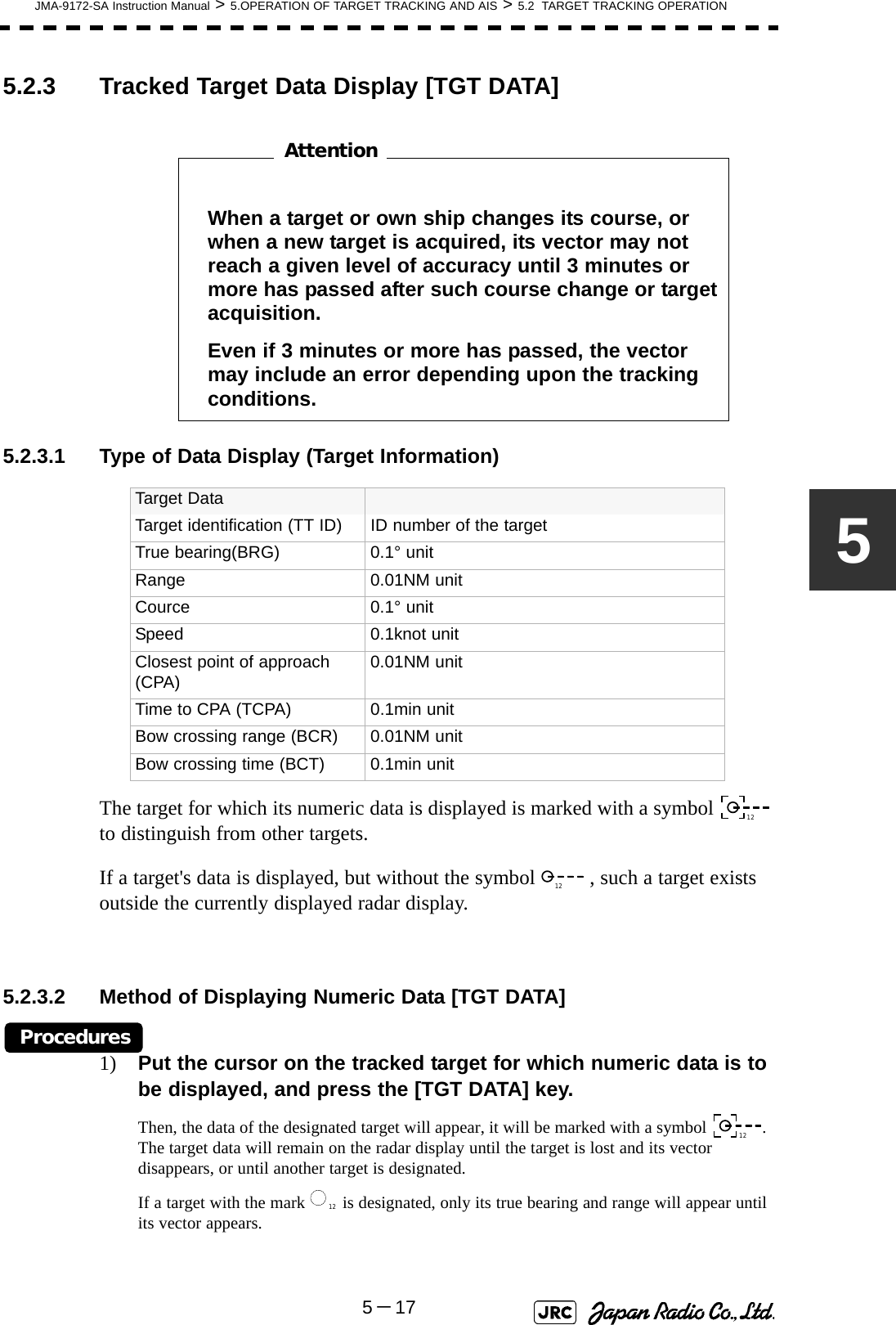 JMA-9172-SA Instruction Manual &gt; 5.OPERATION OF TARGET TRACKING AND AIS &gt; 5.2  TARGET TRACKING OPERATION5－1755.2.3 Tracked Target Data Display [TGT DATA] 　　　　　　　　5.2.3.1 Type of Data Display (Target Information)The target for which its numeric data is displayed is marked with a symbol   to distinguish from other targets.If a target&apos;s data is displayed, but without the symbol   , such a target exists outside the currently displayed radar display.5.2.3.2 Method of Displaying Numeric Data [TGT DATA] Procedures1) Put the cursor on the tracked target for which numeric data is to be displayed, and press the [TGT DATA] key.Then, the data of the designated target will appear, it will be marked with a symbol  .  The target data will remain on the radar display until the target is lost and its vector disappears, or until another target is designated.If a target with the mark   is designated, only its true bearing and range will appear until its vector appears. When a target or own ship changes its course, or when a new target is acquired, its vector may not reach a given level of accuracy until 3 minutes or more has passed after such course change or target acquisition.Even if 3 minutes or more has passed, the vector may include an error depending upon the tracking conditions.Target DataTarget identification (TT ID) ID number of the targetTrue bearing(BRG) 0.1° unitRange 0.01NM unitCource 0.1° unitSpeed 0.1knot unitClosest point of approach (CPA) 0.01NM unitTime to CPA (TCPA) 0.1min unitBow crossing range (BCR) 0.01NM unitBow crossing time (BCT) 0.1min unitAttention12121212