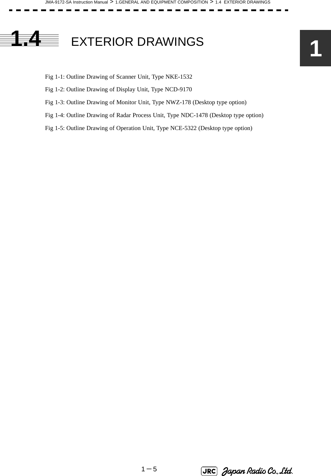 JMA-9172-SA Instruction Manual &gt; 1.GENERAL AND EQUIPMENT COMPOSITION &gt; 1.4  EXTERIOR DRAWINGS1－511.4 EXTERIOR DRAWINGSFig 1-1: Outline Drawing of Scanner Unit, Type NKE-1532Fig 1-2: Outline Drawing of Display Unit, Type NCD-9170Fig 1-3: Outline Drawing of Monitor Unit, Type NWZ-178 (Desktop type option)Fig 1-4: Outline Drawing of Radar Process Unit, Type NDC-1478 (Desktop type option)Fig 1-5: Outline Drawing of Operation Unit, Type NCE-5322 (Desktop type option)