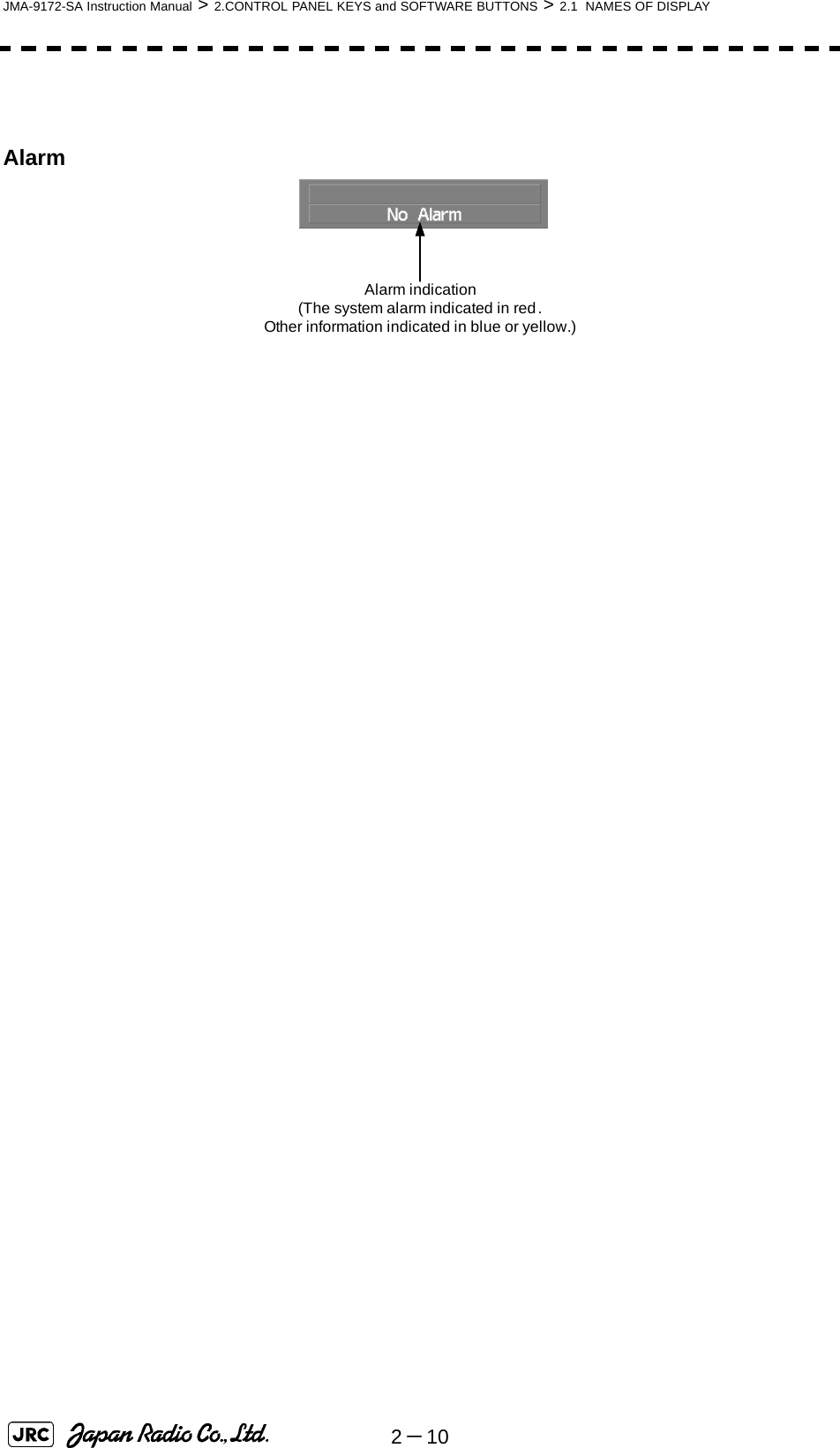 2－10JMA-9172-SA Instruction Manual &gt; 2.CONTROL PANEL KEYS and SOFTWARE BUTTONS &gt; 2.1  NAMES OF DISPLAYAlarmAlarm indication(The system alarm indicated in red.Other information indicated in blue or yellow.)