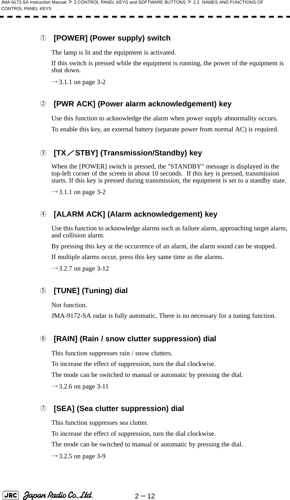 2－12JMA-9172-SA Instruction Manual &gt; 2.CONTROL PANEL KEYS and SOFTWARE BUTTONS &gt; 2.2  NAMES AND FUNCTIONS OF CONTROL PANEL KEYS  [POWER] (Power supply) switchThe lamp is lit and the equipment is activated.If this switch is pressed while the equipment is running, the power of the equipment is shut down.→3.1.1 on page 3-2  [PWR ACK] (Power alarm acknowledgement) keyUse this function to acknowledge the alarm when power supply abnormality occurs.To enable this key, an external battery (separate power from normal AC) is required.  [TX／STBY] (Transmission/Standby) keyWhen the [POWER] switch is pressed, the &quot;STANDBY&quot; message is displayed in the top-left corner of the screen in about 10 seconds.  If this key is pressed, transmission starts. If this key is pressed during transmission, the equipment is set to a standby state.→3.1.1 on page 3-2  [ALARM ACK] (Alarm acknowledgement) keyUse this function to acknowledge alarms such as failure alarm, approaching target alarm, and collision alarm.By pressing this key at the occurrence of an alarm, the alarm sound can be stopped.If multiple alarms occur, press this key same time as the alarms.→3.2.7 on page 3-12  [TUNE] (Tuning) dialNot function.JMA-9172-SA radar is fully automatic. There is no necessary for a tuning function.  [RAIN] (Rain / snow clutter suppression) dialThis function suppresses rain / snow clutters.To increase the effect of suppression, turn the dial clockwise.The mode can be switched to manual or automatic by pressing the dial.→3.2.6 on page 3-11  [SEA] (Sea clutter suppression) dialThis function suppresses sea clutter.To increase the effect of suppression, turn the dial clockwise.The mode can be switched to manual or automatic by pressing the dial.→3.2.5 on page 3-91234567