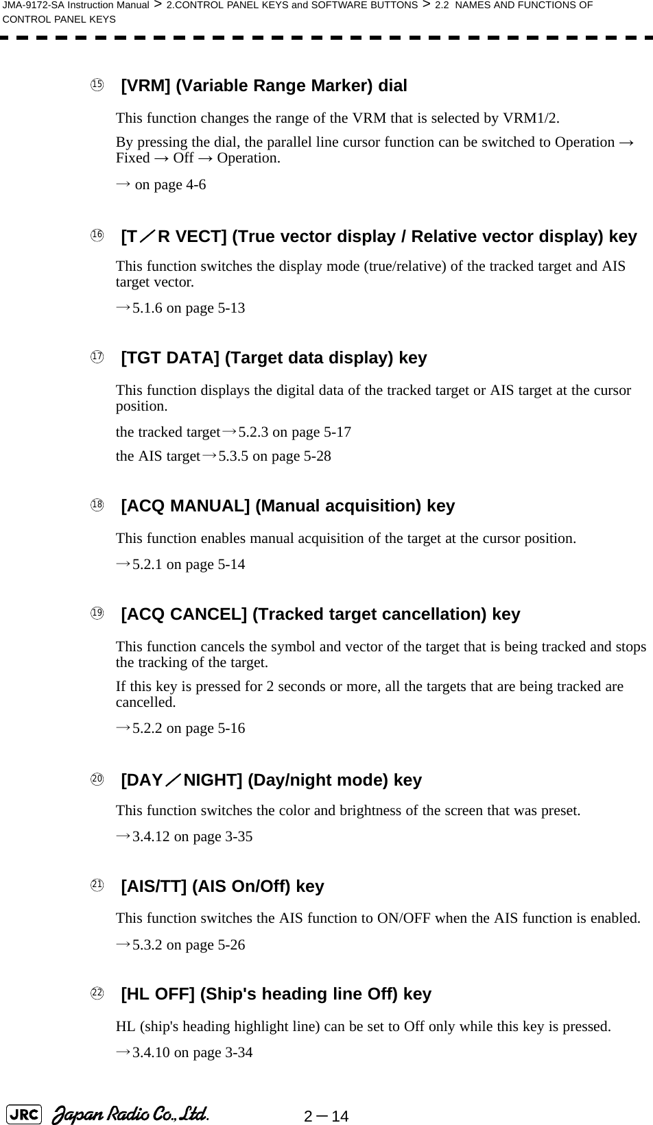 2－14JMA-9172-SA Instruction Manual &gt; 2.CONTROL PANEL KEYS and SOFTWARE BUTTONS &gt; 2.2  NAMES AND FUNCTIONS OF CONTROL PANEL KEYS  [VRM] (Variable Range Marker) dialThis function changes the range of the VRM that is selected by VRM1/2.By pressing the dial, the parallel line cursor function can be switched to Operation → Fixed → Off → Operation.→ on page 4-6  [T／R VECT] (True vector display / Relative vector display) keyThis function switches the display mode (true/relative) of the tracked target and AIS target vector.→5.1.6 on page 5-13  [TGT DATA] (Target data display) keyThis function displays the digital data of the tracked target or AIS target at the cursor position.the tracked target→5.2.3 on page 5-17the AIS target→5.3.5 on page 5-28  [ACQ MANUAL] (Manual acquisition) keyThis function enables manual acquisition of the target at the cursor position.→5.2.1 on page 5-14  [ACQ CANCEL] (Tracked target cancellation) keyThis function cancels the symbol and vector of the target that is being tracked and stops the tracking of the target.If this key is pressed for 2 seconds or more, all the targets that are being tracked are cancelled.→5.2.2 on page 5-16  [DAY／NIGHT] (Day/night mode) keyThis function switches the color and brightness of the screen that was preset.→3.4.12 on page 3-35  [AIS/TT] (AIS On/Off) keyThis function switches the AIS function to ON/OFF when the AIS function is enabled.→5.3.2 on page 5-26  [HL OFF] (Ship&apos;s heading line Off) keyHL (ship&apos;s heading highlight line) can be set to Off only while this key is pressed.→3.4.10 on page 3-341516171819202122