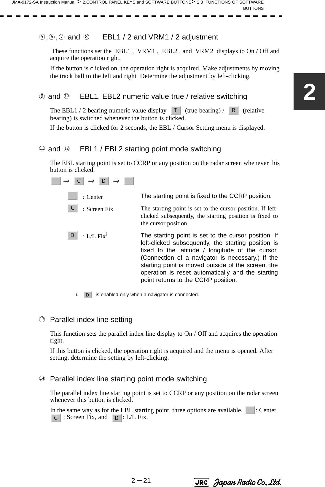 JMA-9172-SA Instruction Manual &gt; 2.CONTROL PANEL KEYS and SOFTWARE BUTTONS&gt; 2.3  FUNCTIONS OF SOFTWAREBUTTONS2－212 , ,  and  EBL1 / 2 and VRM1 / 2 adjustment These functions set the  EBL1 ,  VRM1 ,  EBL2 , and  VRM2  displays to On / Off and acquire the operation right.If the button is clicked on, the operation right is acquired. Make adjustments by moving the track ball to the left and right  Determine the adjustment by left-clicking.  and  EBL1, EBL2 numeric value true / relative switchingThe EBL1 / 2 bearing numeric value display     (true bearing) /     (relative bearing) is switched whenever the button is clicked.If the button is clicked for 2 seconds, the EBL / Cursor Setting menu is displayed.  and  EBL1 / EBL2 starting point mode switchingThe EBL starting point is set to CCRP or any position on the radar screen whenever this button is clicked. ⇒     ⇒     ⇒   Parallel index line settingThis function sets the parallel index line display to On / Off and acquires the operation right.If this button is clicked, the operation right is acquired and the menu is opened. After setting, determine the setting by left-clicking. Parallel index line starting point mode switchingThe parallel index line starting point is set to CCRP or any position on the radar screen whenever this button is clicked.In the same way as for the EBL starting point, three options are available,  : Center,   : Screen Fix, and   : L/L Fix.：Center The starting point is fixed to the CCRP position.：Screen Fix The starting point is set to the cursor position. If left-clicked subsequently, the starting position is fixed tothe cursor position.：L/L Fixii.   is enabled only when a navigator is connected.The starting point is set to the cursor position. Ifleft-clicked subsequently, the starting position isfixed to the latitude / longitude of the cursor.(Connection of a navigator is necessary.) If thestarting point is moved outside of the screen, theoperation is reset automatically and the startingpoint returns to the CCRP position.5678910TR11 12_C D __CDD1314_C D