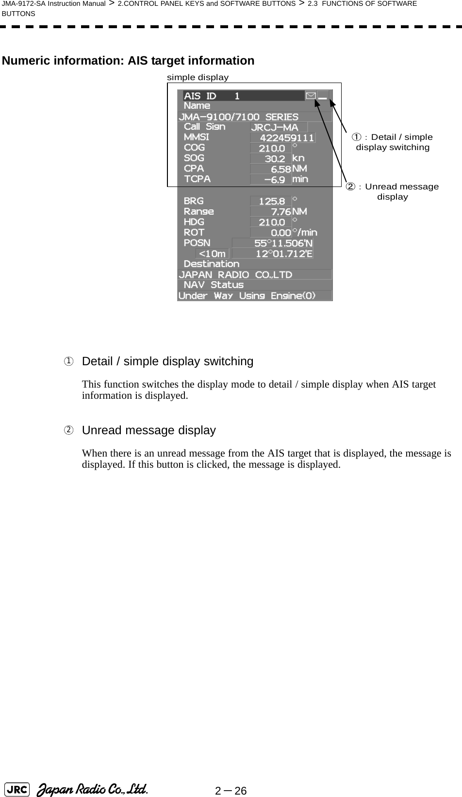 2－26JMA-9172-SA Instruction Manual &gt; 2.CONTROL PANEL KEYS and SOFTWARE BUTTONS &gt; 2.3  FUNCTIONS OF SOFTWARE BUTTONSNumeric information: AIS target information Detail / simple display switchingThis function switches the display mode to detail / simple display when AIS target information is displayed. Unread message displayWhen there is an unread message from the AIS target that is displayed, the message is displayed. If this button is clicked, the message is displayed.①：Detail / simple display switching②：Unread message displaysimple display12