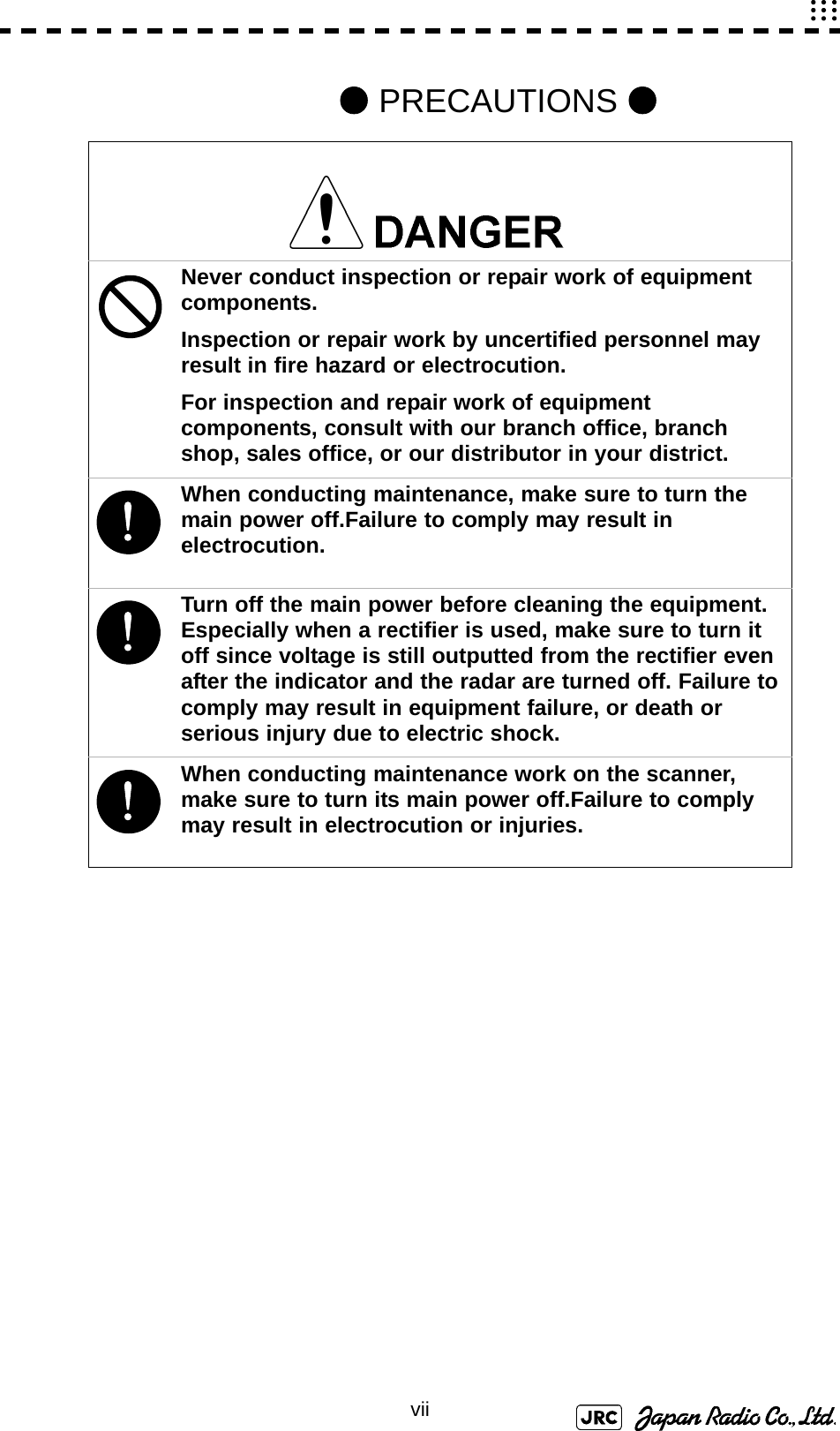 vii●PRECAUTIONS ●Never conduct inspection or repair work of equipment components.Inspection or repair work by uncertified personnel may result in fire hazard or electrocution.For inspection and repair work of equipment components, consult with our branch office, branch shop, sales office, or our distributor in your district.!When conducting maintenance, make sure to turn the main power off.Failure to comply may result in electrocution.!Turn off the main power before cleaning the equipment. Especially when a rectifier is used, make sure to turn it off since voltage is still outputted from the rectifier even after the indicator and the radar are turned off. Failure to comply may result in equipment failure, or death or serious injury due to electric shock.!When conducting maintenance work on the scanner, make sure to turn its main power off.Failure to comply may result in electrocution or injuries.