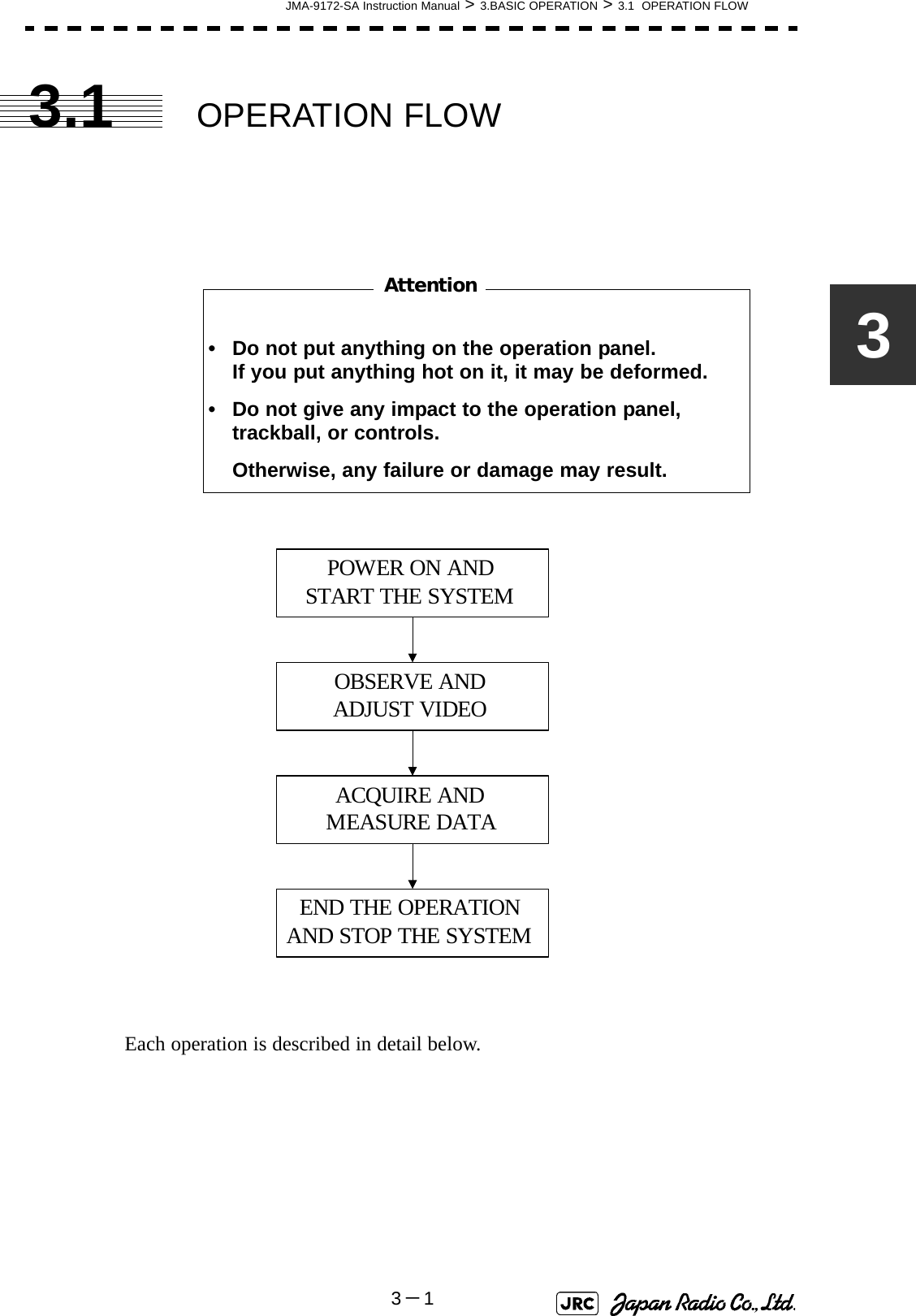 JMA-9172-SA Instruction Manual &gt; 3.BASIC OPERATION &gt; 3.1  OPERATION FLOW3－133.1 OPERATION FLOWEach operation is described in detail below. • Do not put anything on the operation panel.If you put anything hot on it, it may be deformed.• Do not give any impact to the operation panel, trackball, or controls.Otherwise, any failure or damage may result.AttentionPOWER ON ANDSTART THE SYSTEMOBSERVE AND ADJUST VIDEOACQUIRE AND MEASURE DATAEND THE OPERATION AND STOP THE SYSTEM