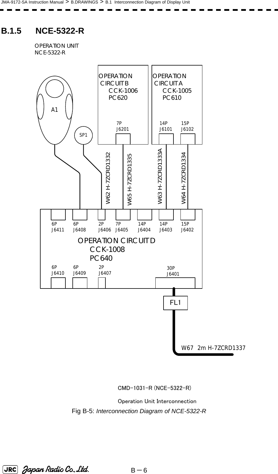 B－6JMA-9172-SA Instruction Manual &gt; B.DRAWINGS &gt; B.1  Interconnection Diagram of Display UnitB.1.5 NCE-5322-RFig B-5: Interconnection Diagram of NCE-5322-R6PJ64116PJ6410 6PJ64096PJ6408 2PJ6406 7PJ6405 14PJ6404 14PJ6403 15PJ640230PJ6401OPERATION CIRCUIT D      CCK-1008      PC64014PJ6101 15PJ6102OPERATION  CIRCUIT A      CCK-1005      PC6107PJ6201OPERATION  CIRCUIT B      CCK-1006      PC620SP1A1OPERATION UNITNCE-5322-RW67 2m H-7ZCRD1337W62 H-7ZCRD1332W65 H-7ZCRD1335W63 H-7ZCRD1333AW64 H-7ZCRD1334FL12PJ6407CMD-1031-R (NCE-5322-R)Operation Unit Interconnection