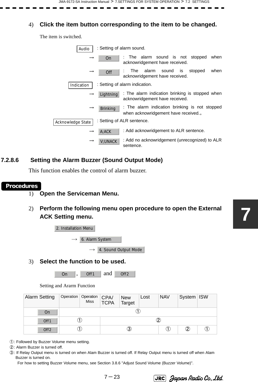 JMA-9172-SA Instruction Manual &gt; 7.SETTINGS FOR SYSTEM OPERATION &gt; 7.2  SETTINGS7－2374) Click the item button corresponding to the item to be changed.The item is switched.7.2.8.6  Setting the Alarm Buzzer (Sound Output Mode)This function enables the control of alarm buzzer.Procedures1) Open the Serviceman Menu.2) Perform the following menu open procedure to open the External ACK Setting menu.→  →  3) Select the function to be used.,  and Setting and Ararm Function①: Followed by Buzzer Volume menu setting.②: Alarm Buzzer is turned off.③: If Relay Output menu is turned on when Alam Buzzer is turned off. If Relay Output menu is turned off when AlamBuzzer is turned on.　　For how to setting Buzzer Volume menu, see Section 3.8.6 &quot;Adjust Sound Volume (Buzzer Volume)&quot;.: Setting of alarm sound.→: The alarm sound is not stopped whenacknowridgement have received.→: The alarm sound is stopped whenacknowridgement have received.: Setting of alarm indication.→: The alarm indication brinking is stopped whenacknowridgement have received.→: The alarm indication brinking is not stoppedwhen acknowridgement have received.。: Setting of ALR sentence.→: Add acknowridgement to ALR sentence.→: Add no acknowridgement (unrecognized) to ALRsentence.Alarm Setting Operation Operation Miss CPA/　TCPA New 　Target Lost NAV System ISW①①②①③①②①AudioOnOffIndicationLightningBrinkingAcknowledge StateA;ACKV;UNACK2. Installation Menu6. Alarm System4. Sound Output ModeOnOff1 Off2OnOff1Off2