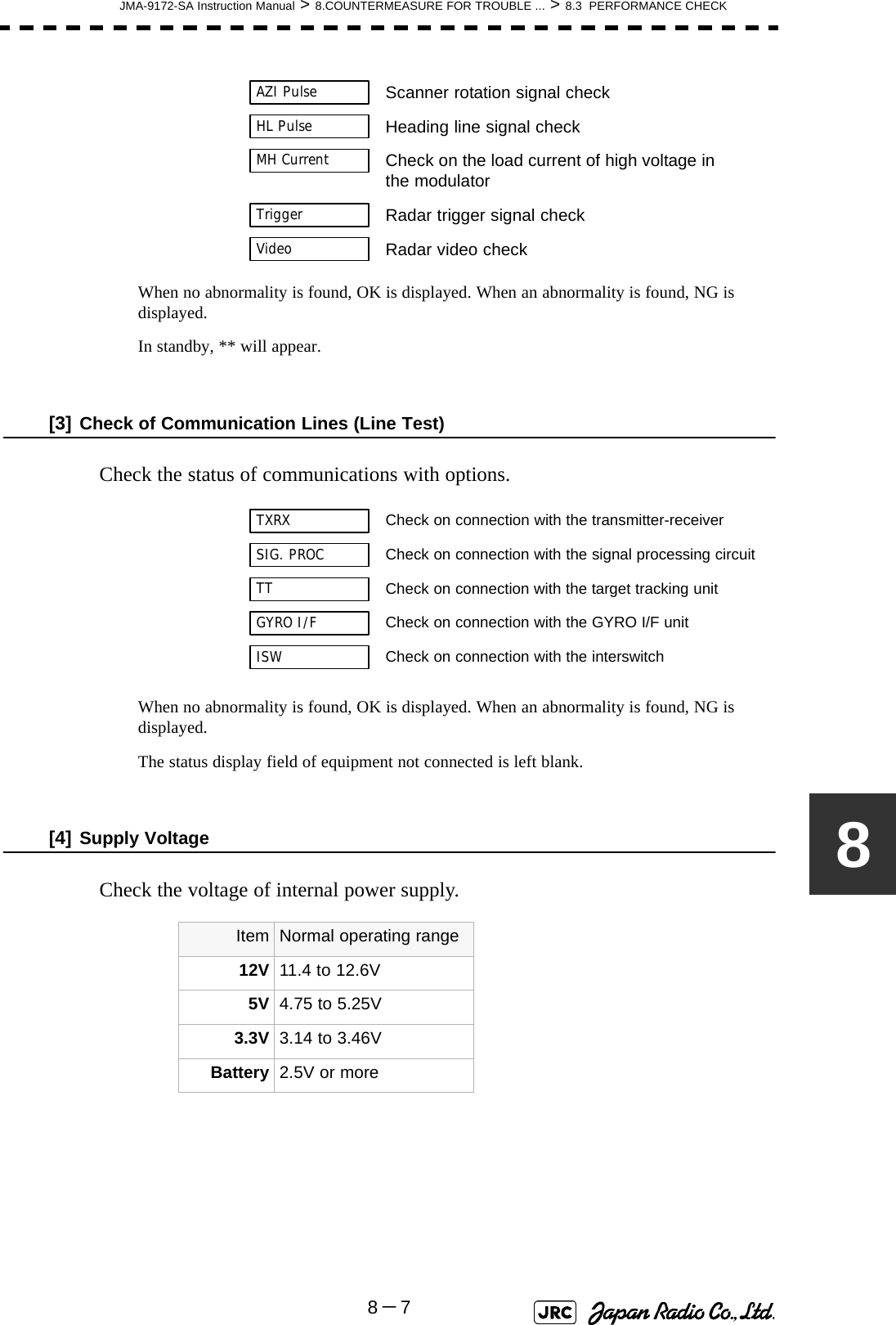 JMA-9172-SA Instruction Manual &gt; 8.COUNTERMEASURE FOR TROUBLE ... &gt; 8.3  PERFORMANCE CHECK8－78When no abnormality is found, OK is displayed. When an abnormality is found, NG is displayed.In standby, ** will appear.[3] Check of Communication Lines (Line Test)Check the status of communications with options.When no abnormality is found, OK is displayed. When an abnormality is found, NG is displayed.The status display field of equipment not connected is left blank.[4] Supply VoltageCheck the voltage of internal power supply. Scanner rotation signal checkHeading line signal checkCheck on the load current of high voltage inthe modulatorRadar trigger signal checkRadar video checkCheck on connection with the transmitter-receiverCheck on connection with the signal processing circuitCheck on connection with the target tracking unitCheck on connection with the GYRO I/F unitCheck on connection with the interswitchItem Normal operating range12V 11.4 to 12.6V5V 4.75 to 5.25V3.3V 3.14 to 3.46VBattery 2.5V or moreAZI PulseHL PulseMH CurrentTriggerVideoTXRXSIG. PROCTT  GYRO I/F ISW