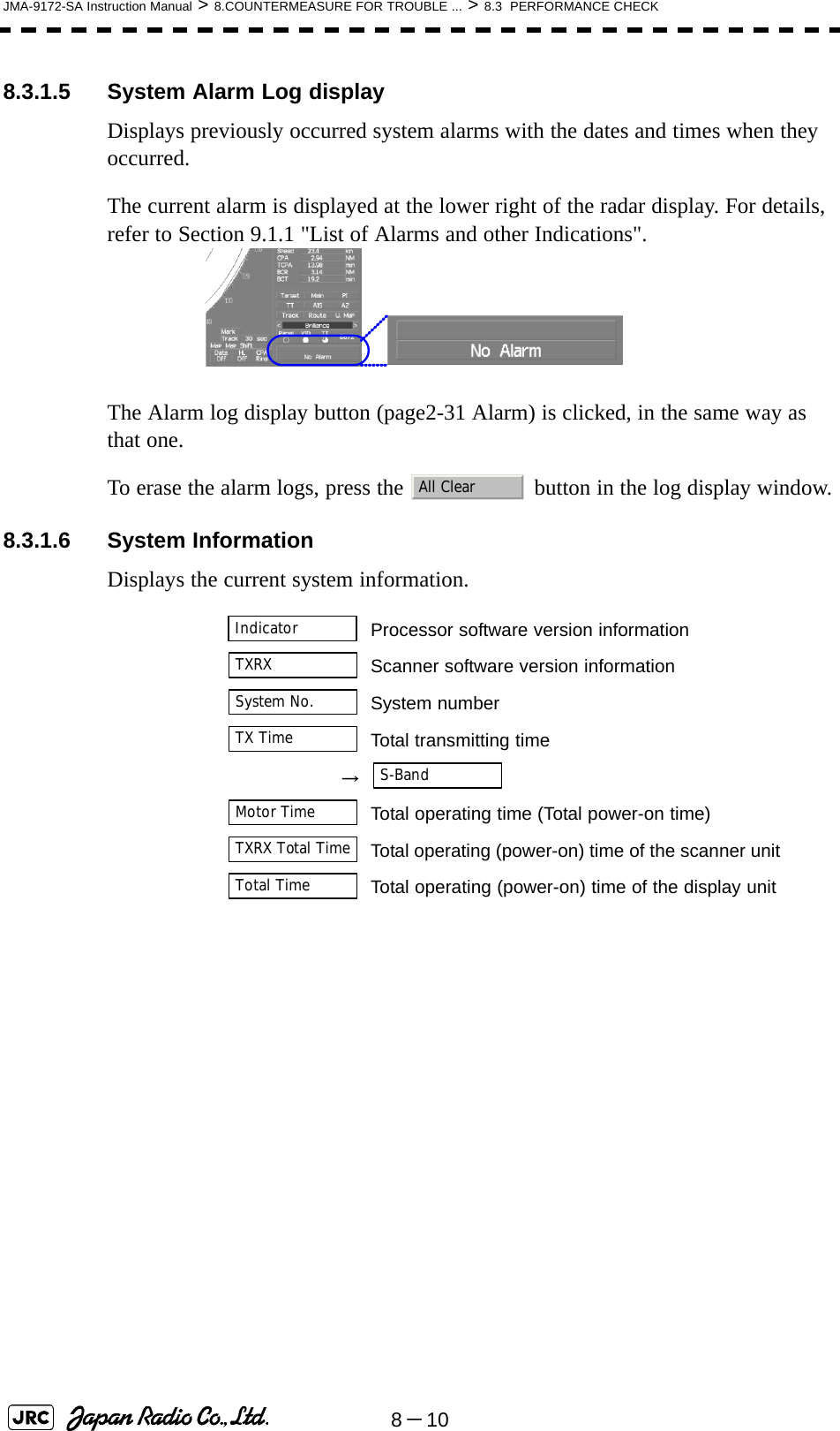 8－10JMA-9172-SA Instruction Manual &gt; 8.COUNTERMEASURE FOR TROUBLE ... &gt; 8.3  PERFORMANCE CHECK8.3.1.5 System Alarm Log displayDisplays previously occurred system alarms with the dates and times when they occurred.The current alarm is displayed at the lower right of the radar display. For details, refer to Section 9.1.1 &quot;List of Alarms and other Indications&quot;.The Alarm log display button (page2-31 Alarm) is clicked, in the same way as that one.To erase the alarm logs, press the   button in the log display window.8.3.1.6 System InformationDisplays the current system information.Processor software version informationScanner software version informationSystem numberTotal transmitting time →Total operating time (Total power-on time)Total operating (power-on) time of the scanner unit Total operating (power-on) time of the display unit All ClearIndicatorTXRXSystem No.TX TimeS-BandMotor TimeTXRX Total TimeTotal Time