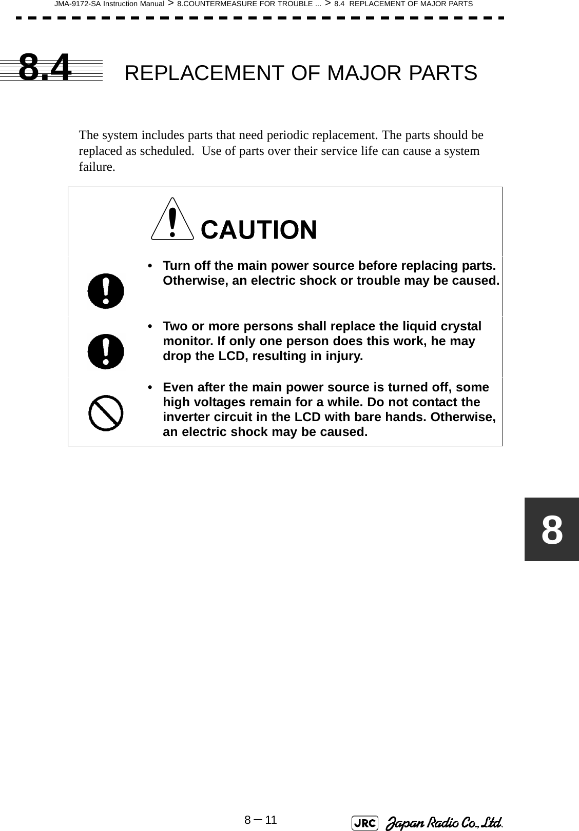 JMA-9172-SA Instruction Manual &gt; 8.COUNTERMEASURE FOR TROUBLE ... &gt; 8.4  REPLACEMENT OF MAJOR PARTS8－1188.4 REPLACEMENT OF MAJOR PARTSThe system includes parts that need periodic replacement. The parts should be replaced as scheduled.  Use of parts over their service life can cause a system failure. • Turn off the main power source before replacing parts. Otherwise, an electric shock or trouble may be caused.• Two or more persons shall replace the liquid crystal monitor. If only one person does this work, he may drop the LCD, resulting in injury.• Even after the main power source is turned off, some high voltages remain for a while. Do not contact the inverter circuit in the LCD with bare hands. Otherwise, an electric shock may be caused.