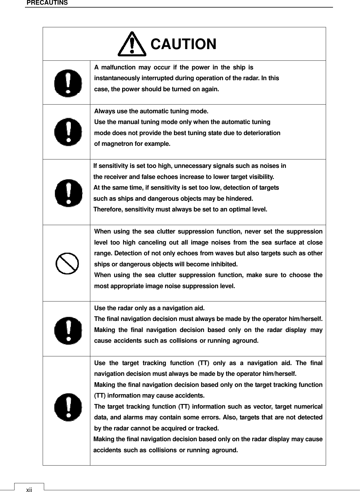   xii PRECAUTINS      A  malfunction  may  occur  if  the  power  in  the  ship  is instantaneously interrupted during operation of the radar. In this   case, the power should be turned on again.       Always use the automatic tuning mode.   Use the manual tuning mode only when the automatic tuning   mode does not provide the best tuning state due to deterioration of magnetron for example.          If sensitivity is set too high, unnecessary signals such as noises in the receiver and false echoes increase to lower target visibility. At the same time, if sensitivity is set too low, detection of targets   such as ships and dangerous objects may be hindered.   Therefore, sensitivity must always be set to an optimal level.         When using the sea clutter suppression function, never set the suppression level too high  canceling  out all image noises  from  the sea surface  at close range. Detection of not only echoes from waves but also targets such as other ships or dangerous objects will become inhibited.   When  using  the  sea  clutter  suppression  function, make  sure  to  choose  the most appropriate image noise suppression level.         Use the radar only as a navigation aid.   The final navigation decision must always be made by the operator him/herself. Making  the  final  navigation  decision  based  only  on  the  radar  display  may cause accidents such as collisions or running aground.              Use  the  target  tracking  function  (TT)  only  as  a  navigation  aid.  The  final navigation decision must always be made by the operator him/herself. Making the final navigation decision based only on the target tracking function (TT) information may cause accidents. The target tracking function (TT) information such as vector, target numerical data, and alarms may contain some errors. Also, targets that are not detected by the radar cannot be acquired or tracked.   Making the final navigation decision based only on the radar display may cause accidents such as collisions or running aground.    CAUTION 