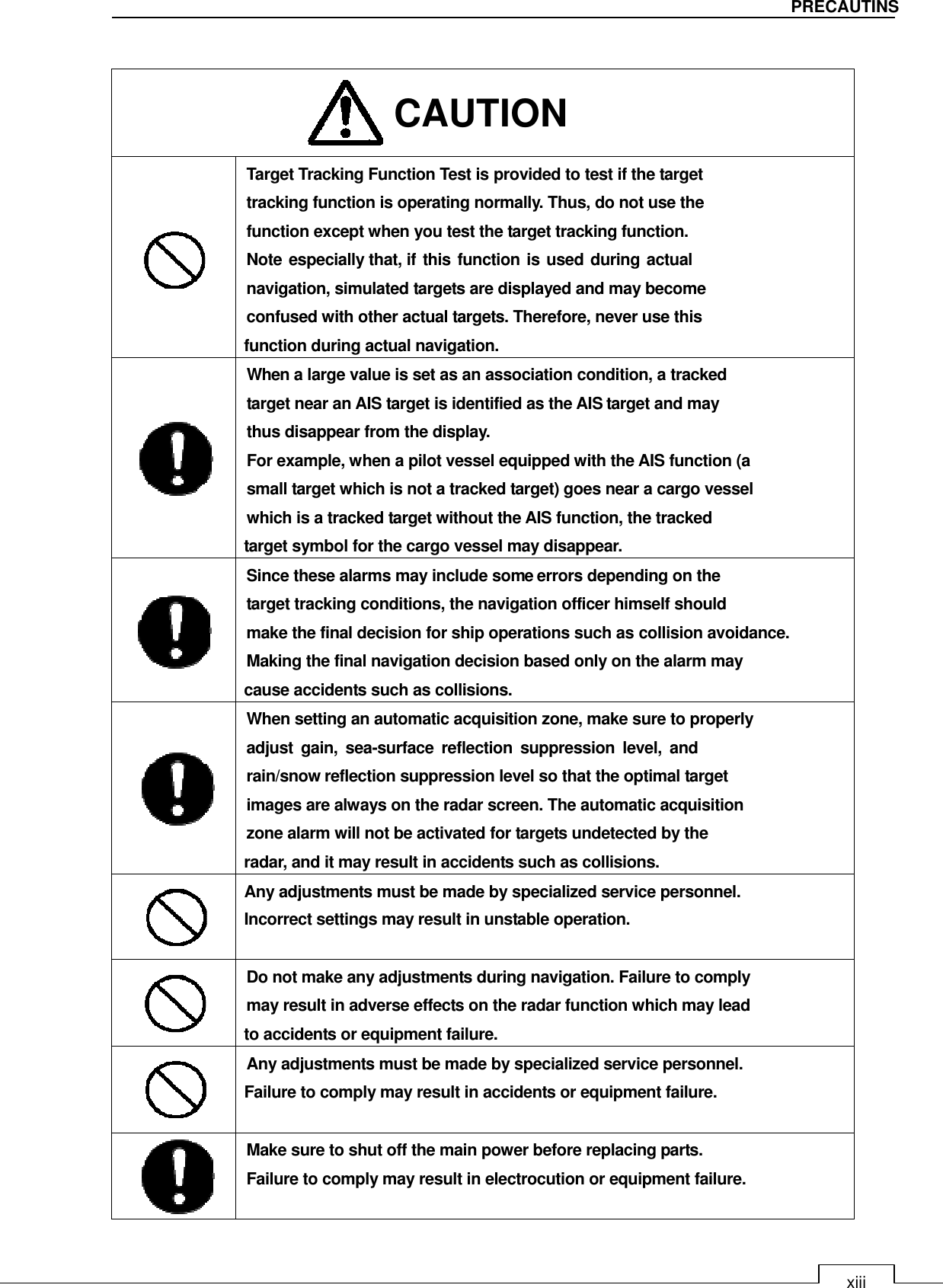   xiii PRECAUTINS    Target Tracking Function Test is provided to test if the target   tracking function is operating normally. Thus, do not use the function except when you test the target tracking function. Note especially that, if this function is used during actual navigation, simulated targets are displayed and may become confused with other actual targets. Therefore, never use this function during actual navigation.  When a large value is set as an association condition, a tracked   target near an AIS target is identified as the AIS target and may thus disappear from the display. For example, when a pilot vessel equipped with the AIS function (a small target which is not a tracked target) goes near a cargo vessel which is a tracked target without the AIS function, the tracked target symbol for the cargo vessel may disappear.  Since these alarms may include some errors depending on the   target tracking conditions, the navigation officer himself should   make the final decision for ship operations such as collision avoidance. Making the final navigation decision based only on the alarm may cause accidents such as collisions.  When setting an automatic acquisition zone, make sure to properly adjust  gain,  sea-surface  reflection  suppression  level,  and rain/snow reflection suppression level so that the optimal target   images are always on the radar screen. The automatic acquisition zone alarm will not be activated for targets undetected by the   radar, and it may result in accidents such as collisions.  Any adjustments must be made by specialized service personnel. Incorrect settings may result in unstable operation.   Do not make any adjustments during navigation. Failure to comply may result in adverse effects on the radar function which may lead   to accidents or equipment failure.  Any adjustments must be made by specialized service personnel. Failure to comply may result in accidents or equipment failure.     Make sure to shut off the main power before replacing parts. Failure to comply may result in electrocution or equipment failure.    CAUTION 