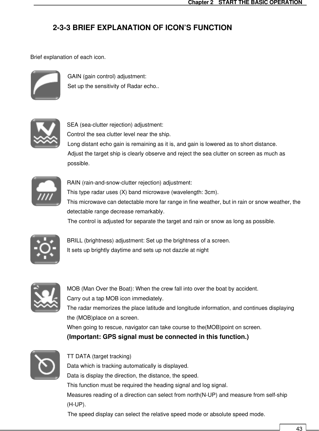   Chapter 2    START THE BASIC OPERATION 43  2-3-3 BRIEF EXPLANATION OF ICON’S FUNCTION   Brief explanation of each icon.  GAIN (gain control) adjustment:   Set up the sensitivity of Radar echo..    SEA (sea-clutter rejection) adjustment: Control the sea clutter level near the ship. Long distant echo gain is remaining as it is, and gain is lowered as to short distance. Adjust the target ship is clearly observe and reject the sea clutter on screen as much as possible.  RAIN (rain-and-snow-clutter rejection) adjustment: This type radar uses (X) band microwave (wavelength: 3cm). This microwave can detectable more far range in fine weather, but in rain or snow weather, the detectable range decrease remarkably. The control is adjusted for separate the target and rain or snow as long as possible.  BRILL (brightness) adjustment: Set up the brightness of a screen. It sets up brightly daytime and sets up not dazzle at night      MOB (Man Over the Boat): When the crew fall into over the boat by accident. Carry out a tap MOB icon immediately. The radar memorizes the place latitude and longitude information, and continues displaying the (MOB)place on a screen. When going to rescue, navigator can take course to the(MOB)point on screen. (Important: GPS signal must be connected in this function.)  TT DATA (target tracking) Data which is tracking automatically is displayed. Data is display the direction, the distance, the speed. This function must be required the heading signal and log signal. Measures reading of a direction can select from north(N-UP) and measure from self-ship (H-UP). The speed display can select the relative speed mode or absolute speed mode. 