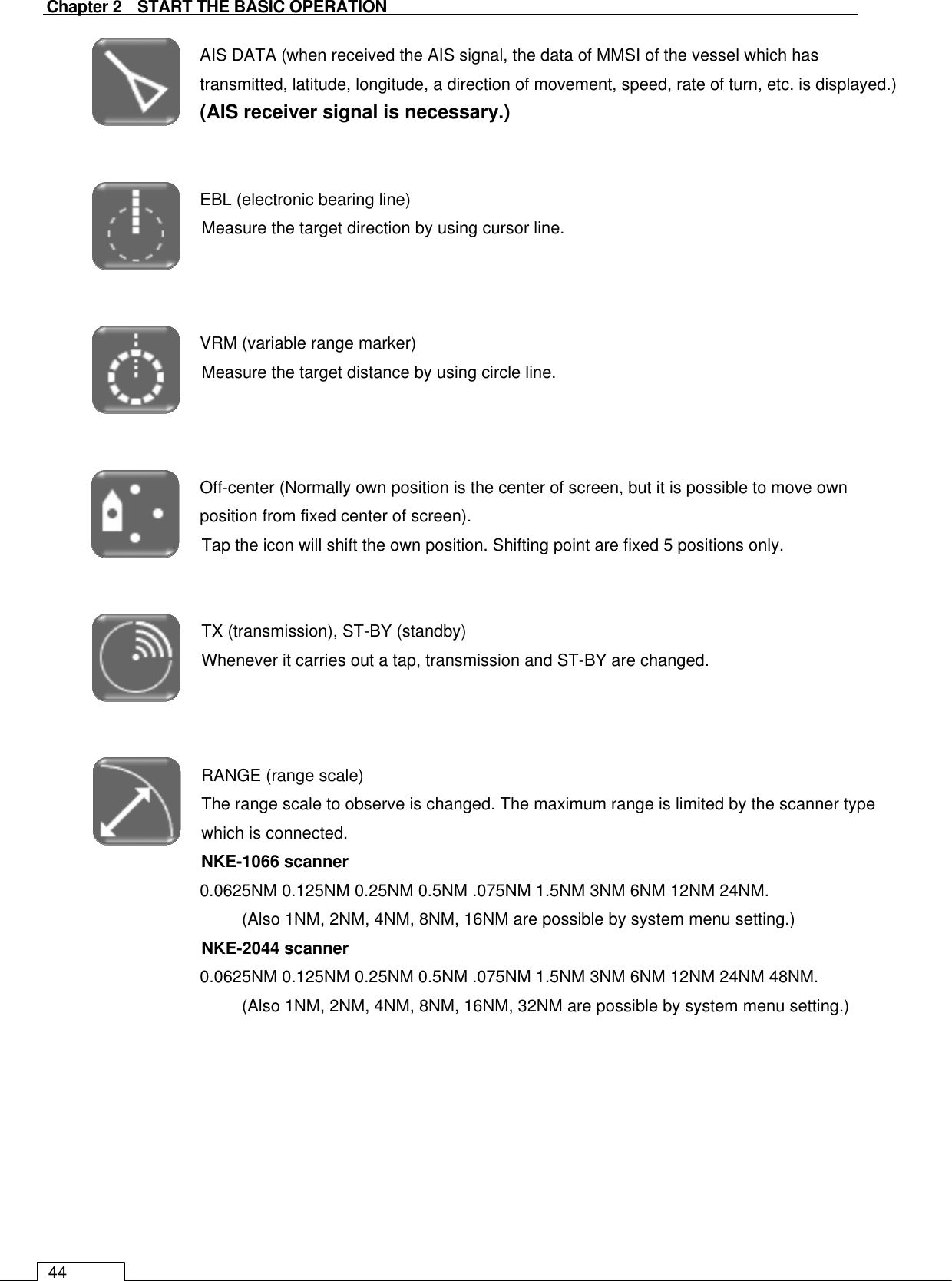   Chapter 2    START THE BASIC OPERATION 44 AIS DATA (when received the AIS signal, the data of MMSI of the vessel which has transmitted, latitude, longitude, a direction of movement, speed, rate of turn, etc. is displayed.)     (AIS receiver signal is necessary.)   EBL (electronic bearing line) Measure the target direction by using cursor line.    VRM (variable range marker) Measure the target distance by using circle line.    Off-center (Normally own position is the center of screen, but it is possible to move own position from fixed center of screen). Tap the icon will shift the own position. Shifting point are fixed 5 positions only.   TX (transmission), ST-BY (standby) Whenever it carries out a tap, transmission and ST-BY are changed.    RANGE (range scale) The range scale to observe is changed. The maximum range is limited by the scanner type which is connected. NKE-1066 scanner   0.0625NM 0.125NM 0.25NM 0.5NM .075NM 1.5NM 3NM 6NM 12NM 24NM. (Also 1NM, 2NM, 4NM, 8NM, 16NM are possible by system menu setting.) NKE-2044 scanner   0.0625NM 0.125NM 0.25NM 0.5NM .075NM 1.5NM 3NM 6NM 12NM 24NM 48NM. (Also 1NM, 2NM, 4NM, 8NM, 16NM, 32NM are possible by system menu setting.)  