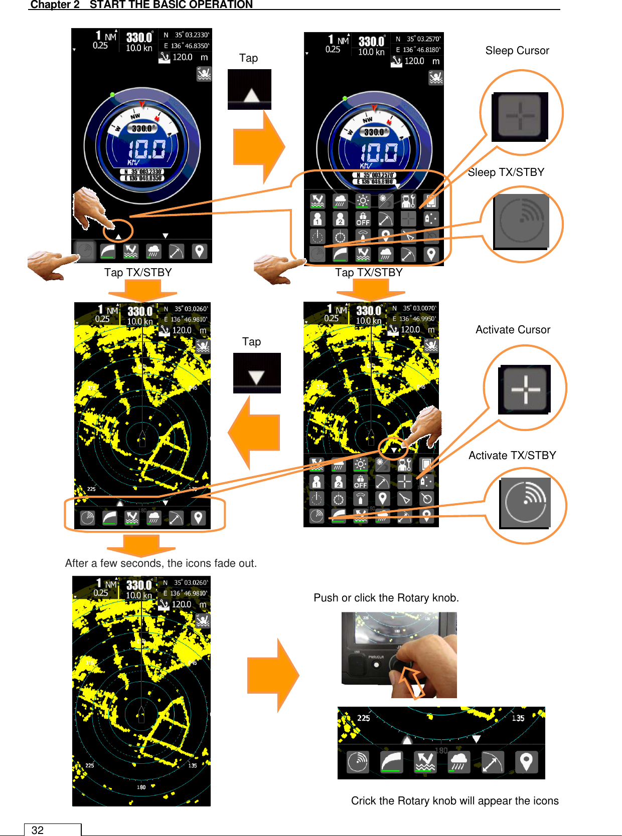   Chapter 2    START THE BASIC OPERATION 32                                              Tap TX/STBY  Tap TX/STBY Tap   After a few seconds, the icons fade out.   Crick the Rotary knob will appear the icons Activate Cursor Activate TX/STBY    Tap    Sleep Cursor Sleep TX/STBY Push or click the Rotary knob.    