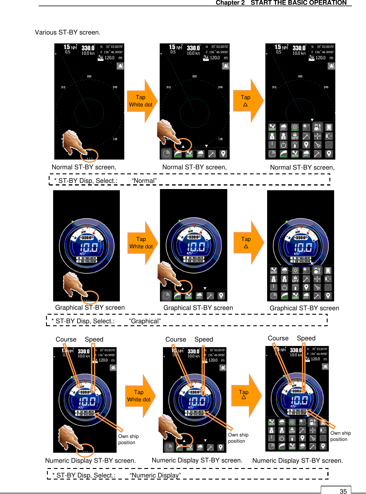   Chapter 2    START THE BASIC OPERATION 35  Various ST-BY screen.                                             Normal ST-BY screen,  Normal ST-BY screen,  Normal ST-BY screen, Graphical ST-BY screen  Graphical ST-BY screen  Graphical ST-BY screen Numeric Display ST-BY screen.  Numeric Display ST-BY screen. Numeric Display ST-BY screen. Course    Speed  Course    Speed  Course    Speed Own ship position * ST-BY Disp, Select.: “Normal” * ST-BY Disp, Select.:  ”Graphical” * ST-BY Disp, Select.: “Numeric Display” Tap White dot Tap △ Tap White dot Tap △ Own ship position Own ship position Tap White dot Tap △ 