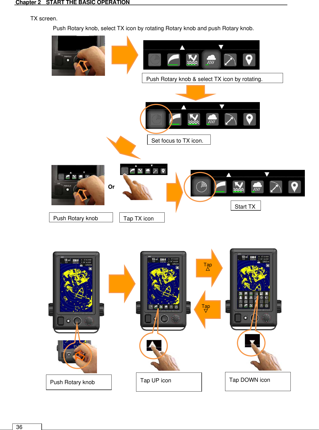   Chapter 2    START THE BASIC OPERATION 36 TX screen.   Push Rotary knob, select TX icon by rotating Rotary knob and push Rotary knob.                                       Push Rotary knob  Tap UP icon  Tap DOWN icon Push Rotary knob &amp; select TX icon by rotating. Set focus to TX icon. Push Rotary knob    Tap TX icon Or Tap △ Tap ▽    Start TX 