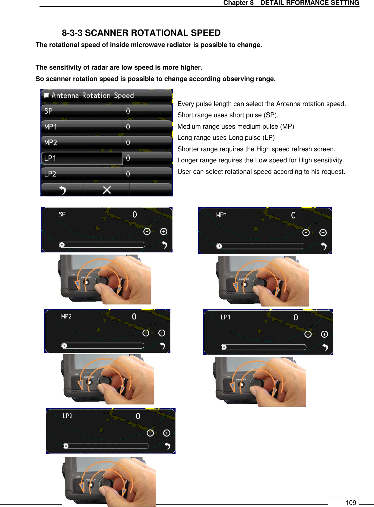   Chapter 8    DETAIL RFORMANCE SETTING 109  8-3-3 SCANNER ROTATIONAL SPEED The rotational speed of inside microwave radiator is possible to change.  The sensitivity of radar are low speed is more higher. So scanner rotation speed is possible to change according observing range.                                    Every pulse length can select the Antenna rotation speed. Short range uses short pulse (SP). Medium range uses medium pulse (MP) Long range uses Long pulse (LP) Shorter range requires the High speed refresh screen. Longer range requires the Low speed for High sensitivity. User can select rotational speed according to his request. 