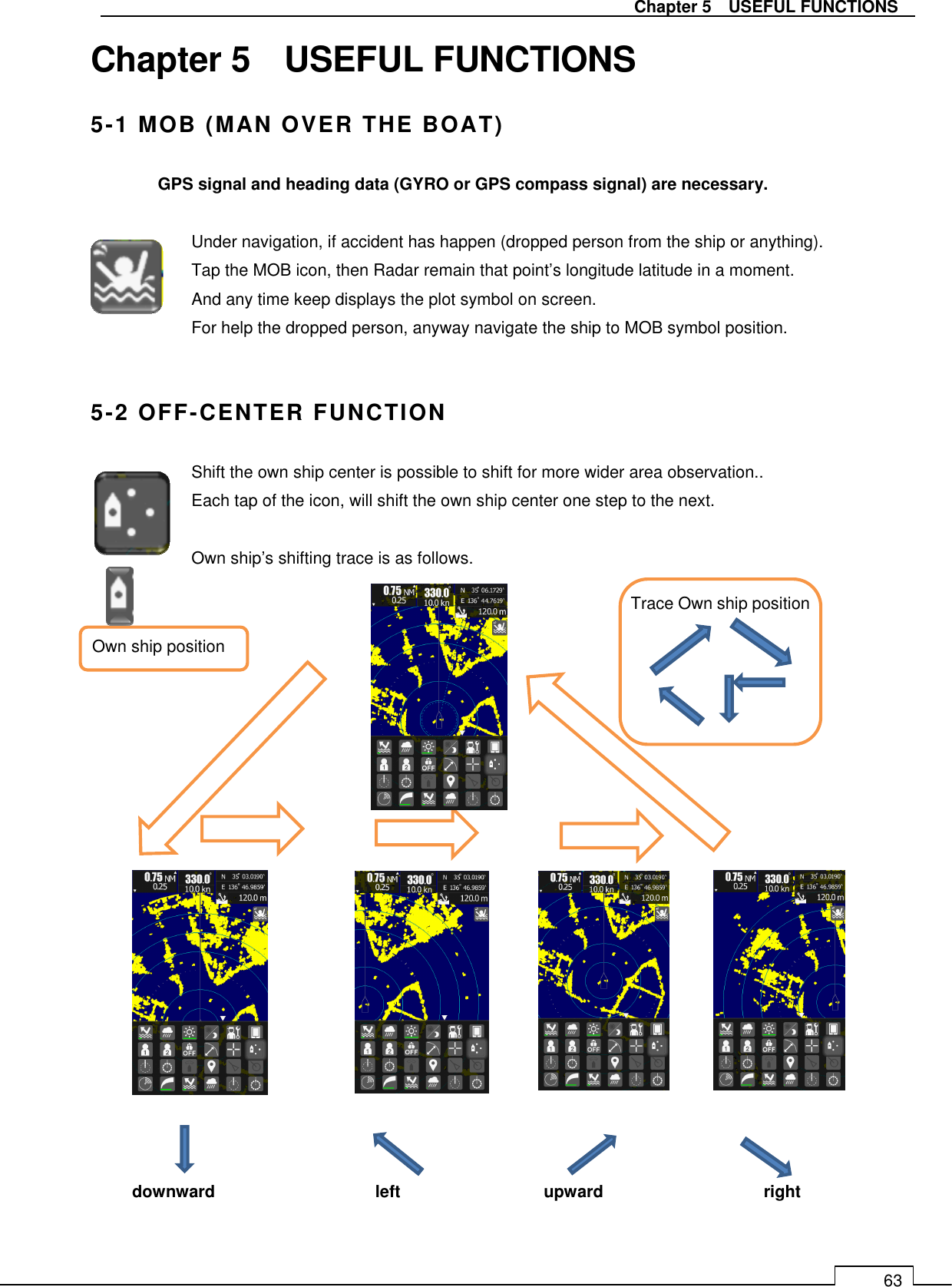   Chapter 5    USEFUL FUNCTIONS 63 Chapter 5    USEFUL FUNCTIONS 5-1 MOB (MAN OVER THE BOAT)  GPS signal and heading data (GYRO or GPS compass signal) are necessary.  Under navigation, if accident has happen (dropped person from the ship or anything). Tap the MOB icon, then Radar remain that point’s longitude latitude in a moment.   And any time keep displays the plot symbol on screen.   For help the dropped person, anyway navigate the ship to MOB symbol position.   5-2 OFF-CENTER FUNCTION Shift the own ship center is possible to shift for more wider area observation.. Each tap of the icon, will shift the own ship center one step to the next.  Own ship’s shifting trace is as follows.                      downward                                      left                                  upward                                      right Own ship position Trace Own ship position 