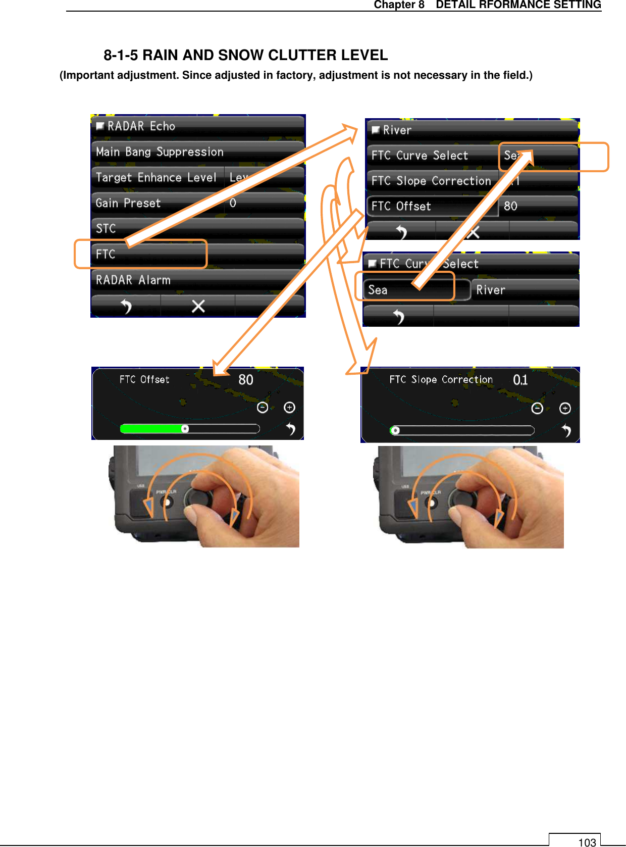   Chapter 8    DETAIL RFORMANCE SETTING 103  8-1-5 RAIN AND SNOW CLUTTER LEVEL (Important adjustment. Since adjusted in factory, adjustment is not necessary in the field.)                              
