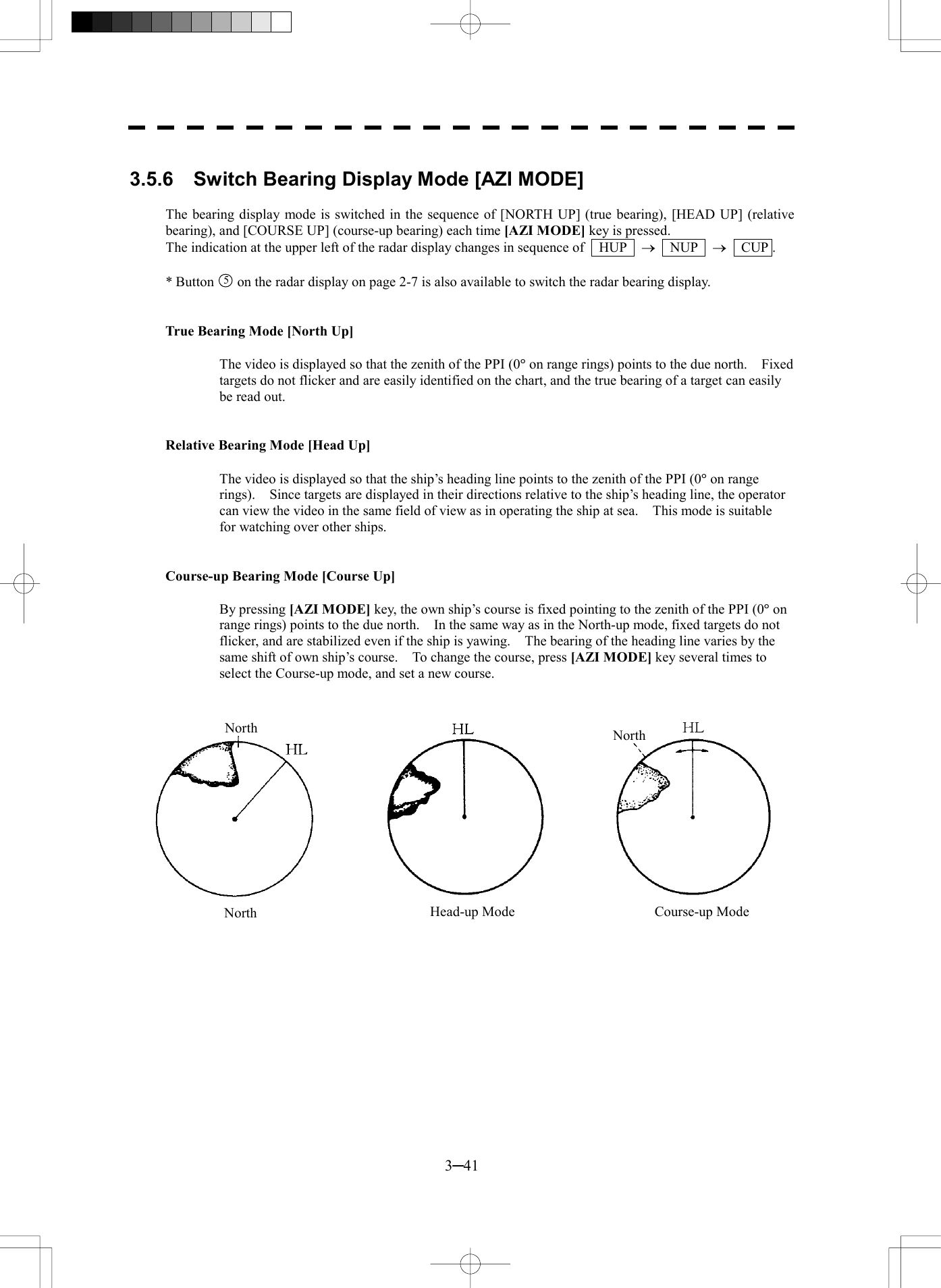  3─41  3.5.6  Switch Bearing Display Mode [AZI MODE]  The bearing display mode is switched in the sequence of [NORTH UP] (true bearing), [HEAD UP] (relative bearing), and [COURSE UP] (course-up bearing) each time [AZI MODE] key is pressed. The indication at the upper left of the radar display changes in sequence of    HUP    &reg;  NUP  &reg;  CUP .  * Button 5  on the radar display on page 2-7 is also available to switch the radar bearing display.   True Bearing Mode [North Up]  The video is displayed so that the zenith of the PPI (0&deg; on range rings) points to the due north.    Fixed targets do not flicker and are easily identified on the chart, and the true bearing of a target can easily be read out.   Relative Bearing Mode [Head Up]  The video is displayed so that the ship&rsquo;s heading line points to the zenith of the PPI (0&deg; on range rings).    Since targets are displayed in their directions relative to the ship&rsquo;s heading line, the operator can view the video in the same field of view as in operating the ship at sea.    This mode is suitable for watching over other ships.   Course-up Bearing Mode [Course Up]  By pressing [AZI MODE] key, the own ship&rsquo;s course is fixed pointing to the zenith of the PPI (0&deg; on range rings) points to the due north.    In the same way as in the North-up mode, fixed targets do not flicker, and are stabilized even if the ship is yawing.    The bearing of the heading line varies by the same shift of own ship&rsquo;s course.    To change the course, press [AZI MODE] key several times to select the Course-up mode, and set a new course.      North North North  Head-up Mode  Course-up Mode