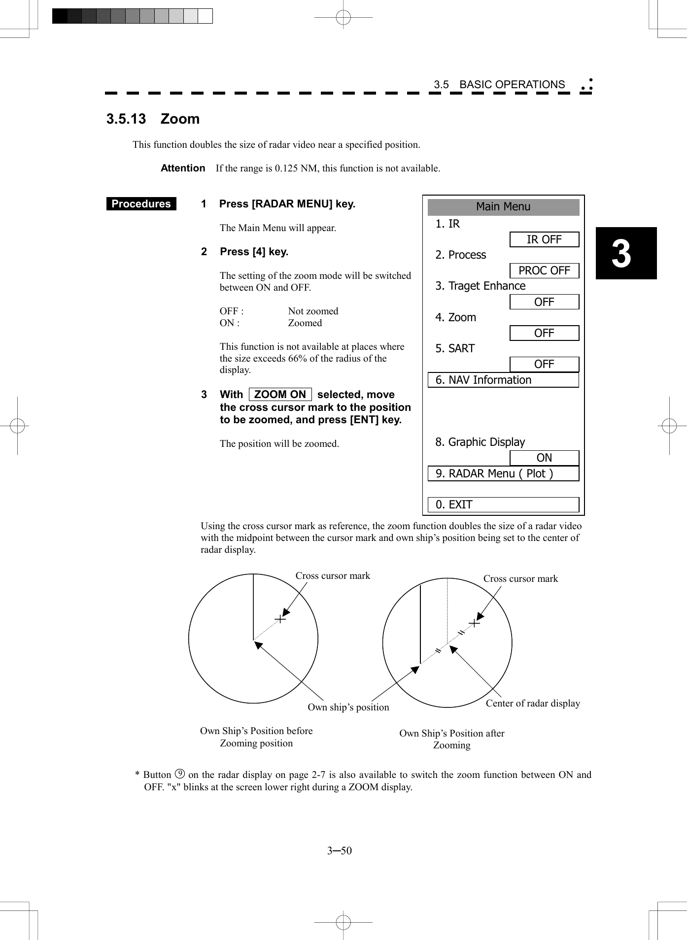   3─50 3 3.5  BASIC OPERATIONS  3.5.13  Zoom  This function doubles the size of radar video near a specified position.  Attention    If the range is 0.125 NM, this function is not available.    Procedures   1  Press [RADAR MENU] key.  The Main Menu will appear.  2  Press [4] key.  The setting of the zoom mode will be switched between ON and OFF.  OFF :  Not zoomed ON :  Zoomed  This function is not available at places where the size exceeds 66% of the radius of the display.  3  With  ZOOM ON  selected, move the cross cursor mark to the position to be zoomed, and press [ENT] key.  The position will be zoomed.       Using the cross cursor mark as reference, the zoom function doubles the size of a radar video with the midpoint between the cursor mark and own ship&rsquo;s position being set to the center of radar display.                   * Button 9  on the radar display on page 2-7 is also available to switch the zoom function between ON and OFF. "x" blinks at the screen lower right during a ZOOM display.Cross cursor mark Own ship&rsquo;s position Center of radar displayCross cursor mark Own Ship&rsquo;s Position before Zooming position Own Ship&rsquo;s Position after Zooming Main Menu1. IR IR OFF2. ProcessPROC OFF3. Traget EnhanceOFF4. ZoomOFF5. SARTOFF6. NAV Information 8. Graphic DisplayON9. RADAR Menu ( Plot )0. EXIT 